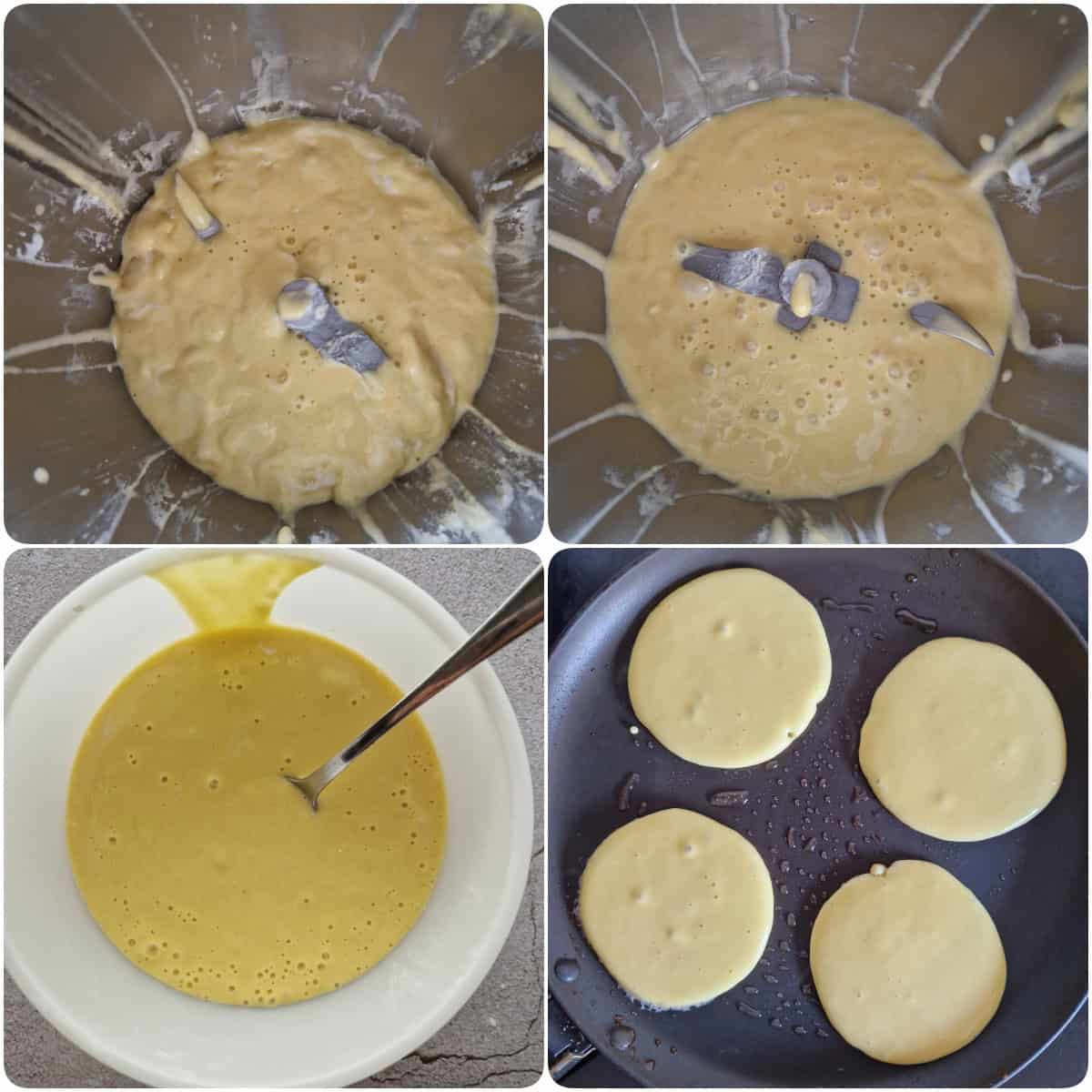 Eine Collage der Zubereitungsschritte für Pancakes.