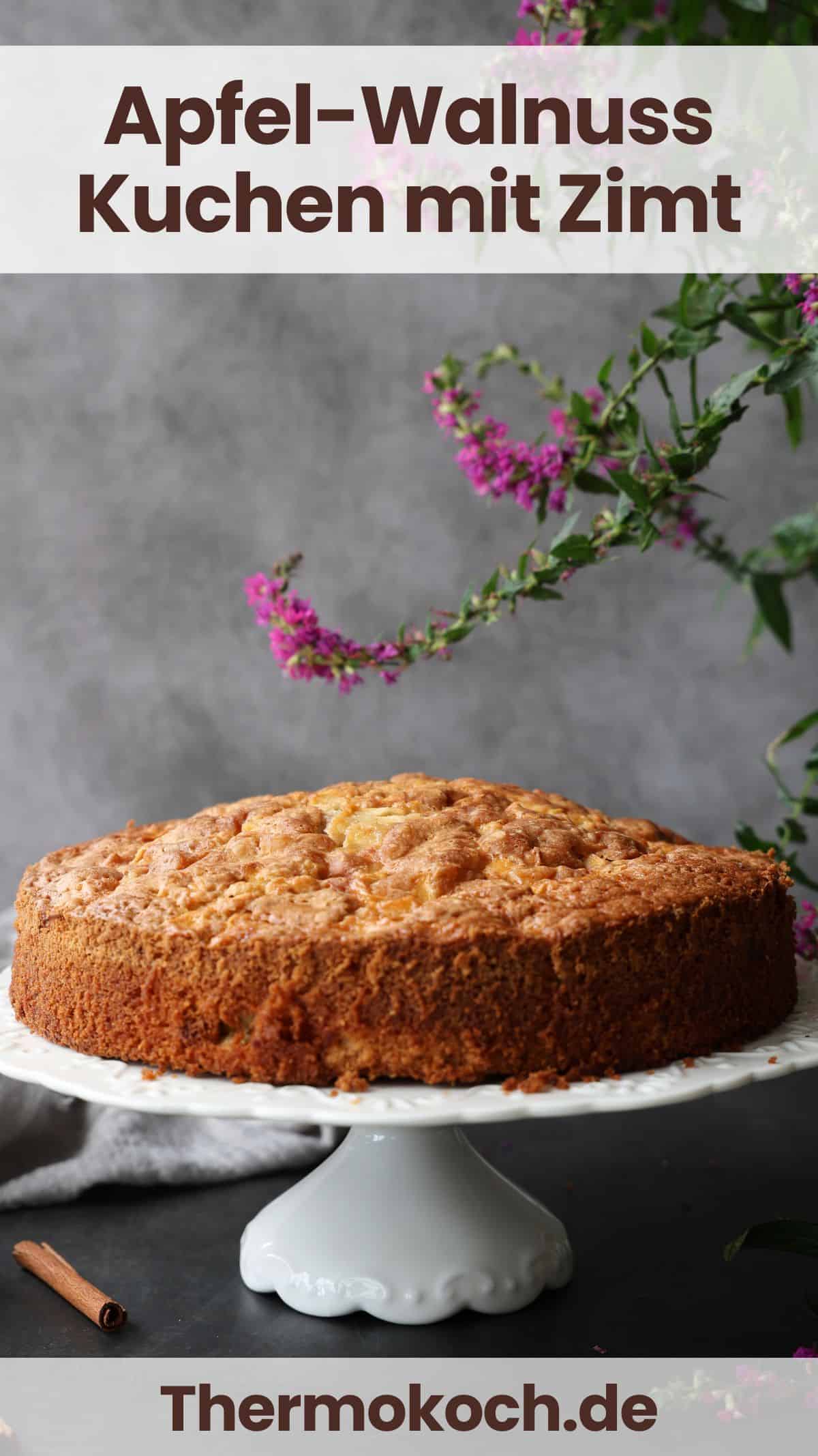 Ein Apfel-Walnusskuchen mit Zimt auf einem runden weißen Kuchenständer.