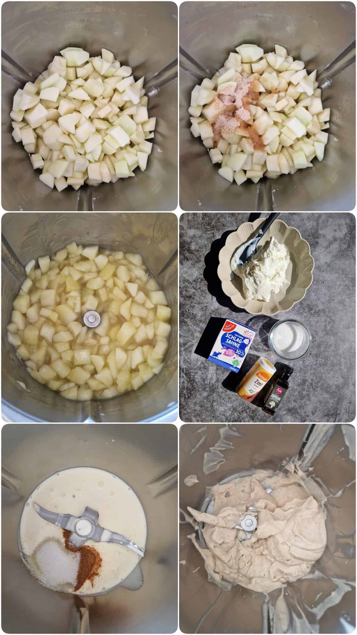 Eine Collage der Zubereitungsschritte für Apfel-Quark-Dessert mit Streuseln im Glas.