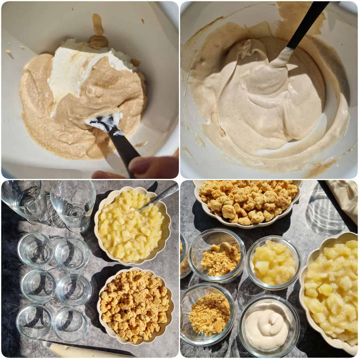 Eine Collage der Zubereitungsschritte für Apfel-Quark-Dessert mit Streuseln im Glas.