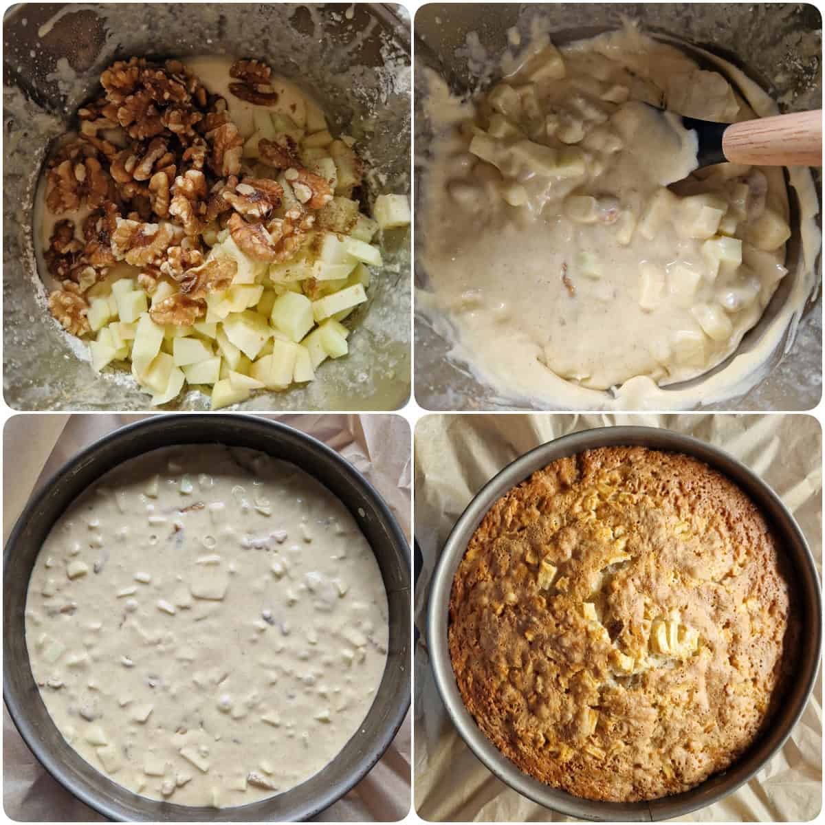 Eine Collage der Zubereitungsschritte für Apfel-Walnusskuchen mit Zimt.