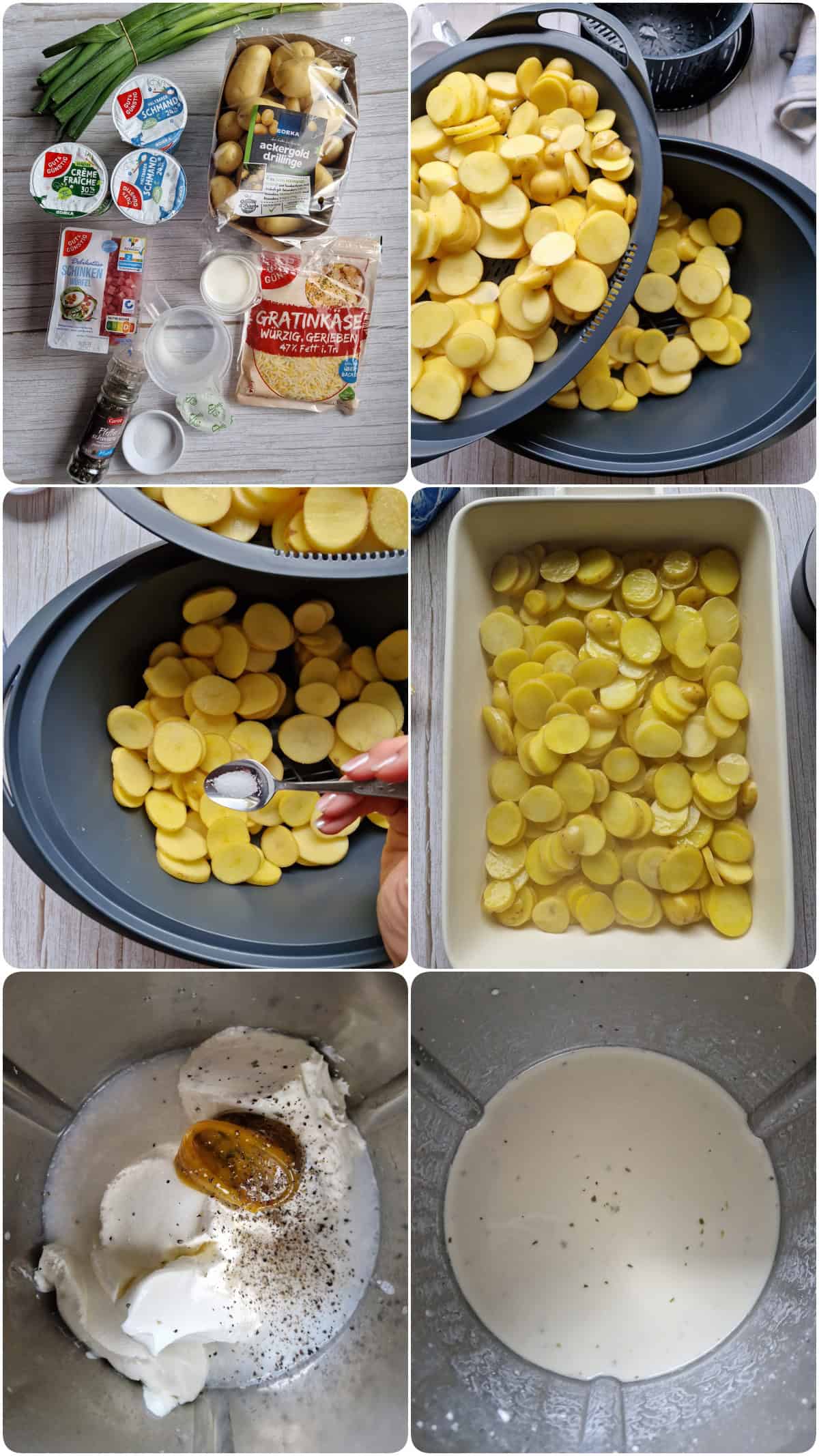 Eine Collage der Zubereitungsschritte für das Kartoffelgratin.