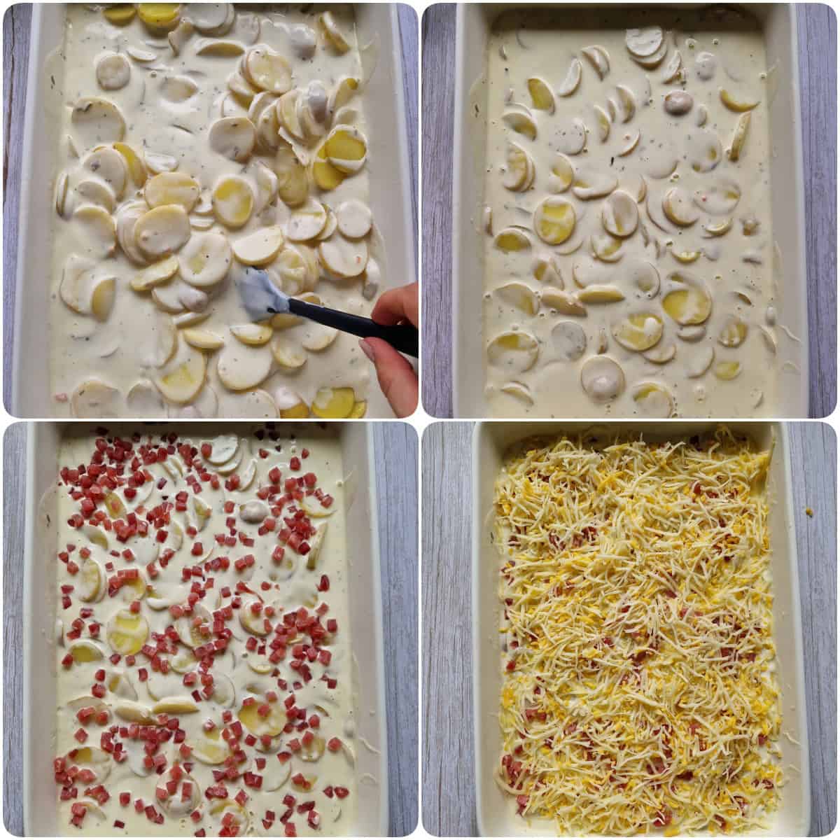 Eine Collage der Zubereitungsschritte für das Kartoffelgratin.