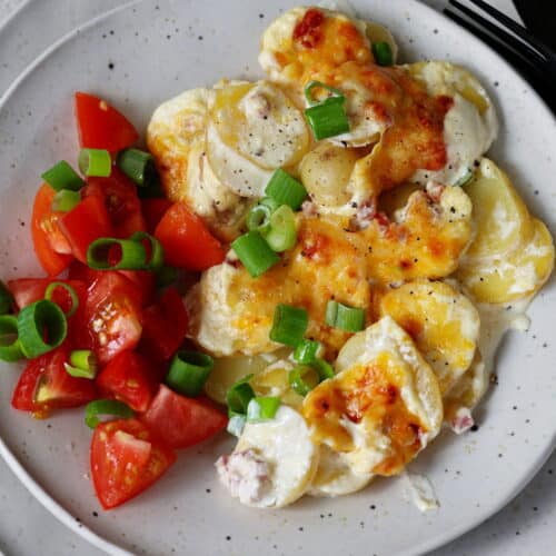 Ein Teller mit einer Portion Kartoffelgratin und einem Tomatensalat.