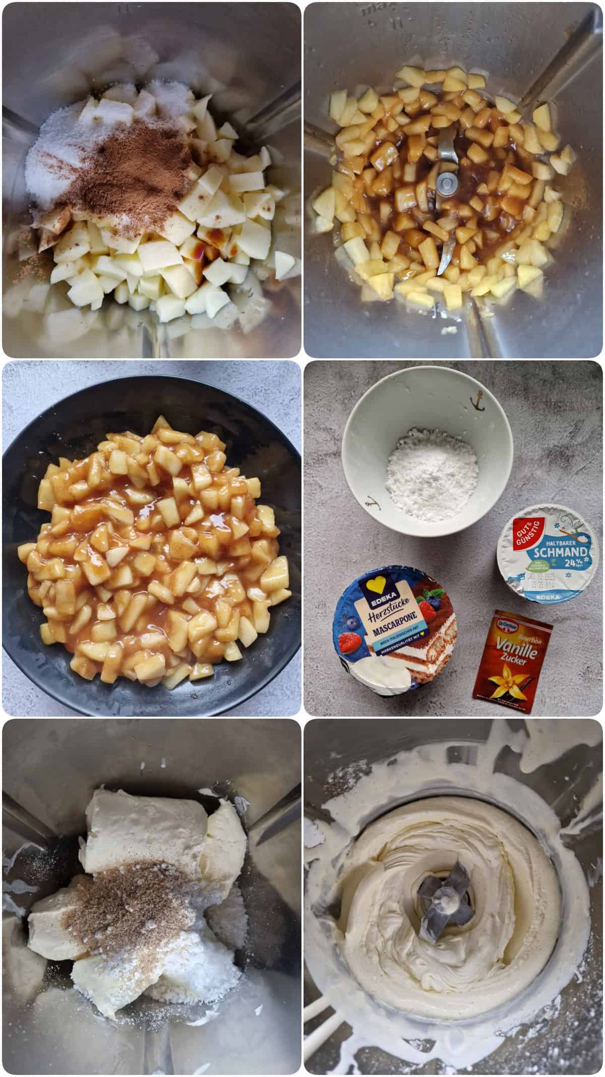 Eine Collage der Zubereitungsschritte für die Bratapfel-Biskuitrolle.