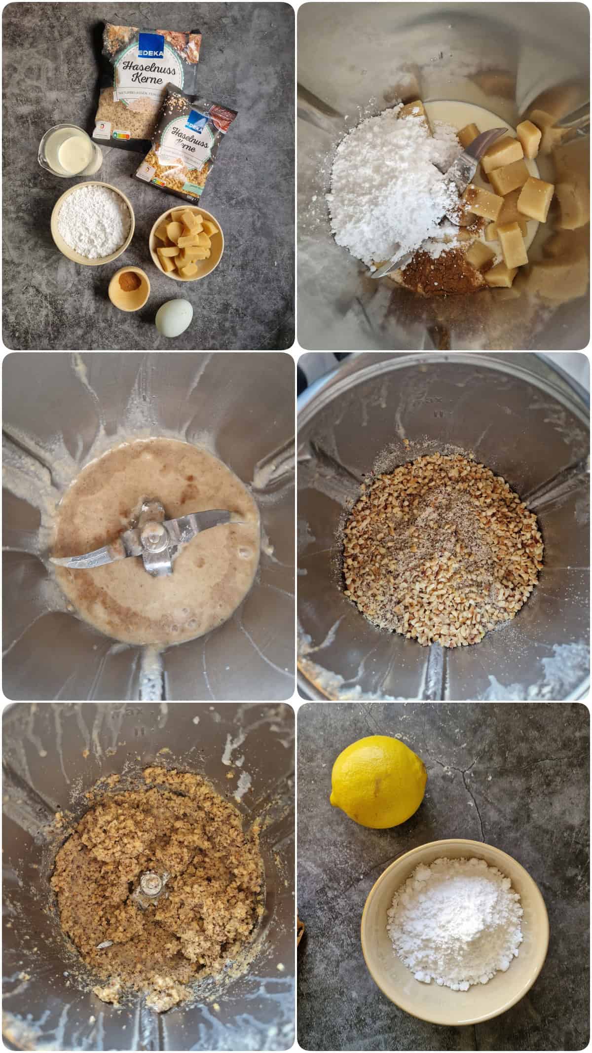 Eine Collage der Zubereitungsschritte für den Nusskranz mit Marzipan.