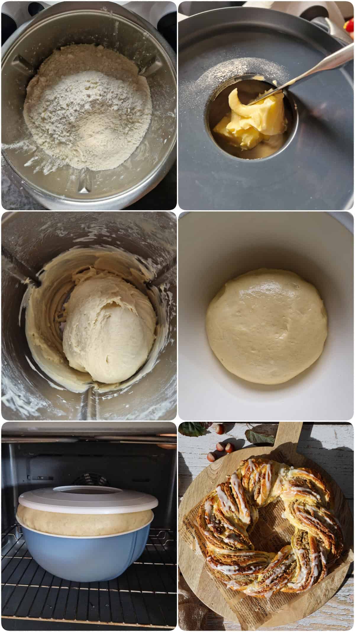 Eine Collage der Zubereitungsschritte für den Nusskranz mit Marzipan.