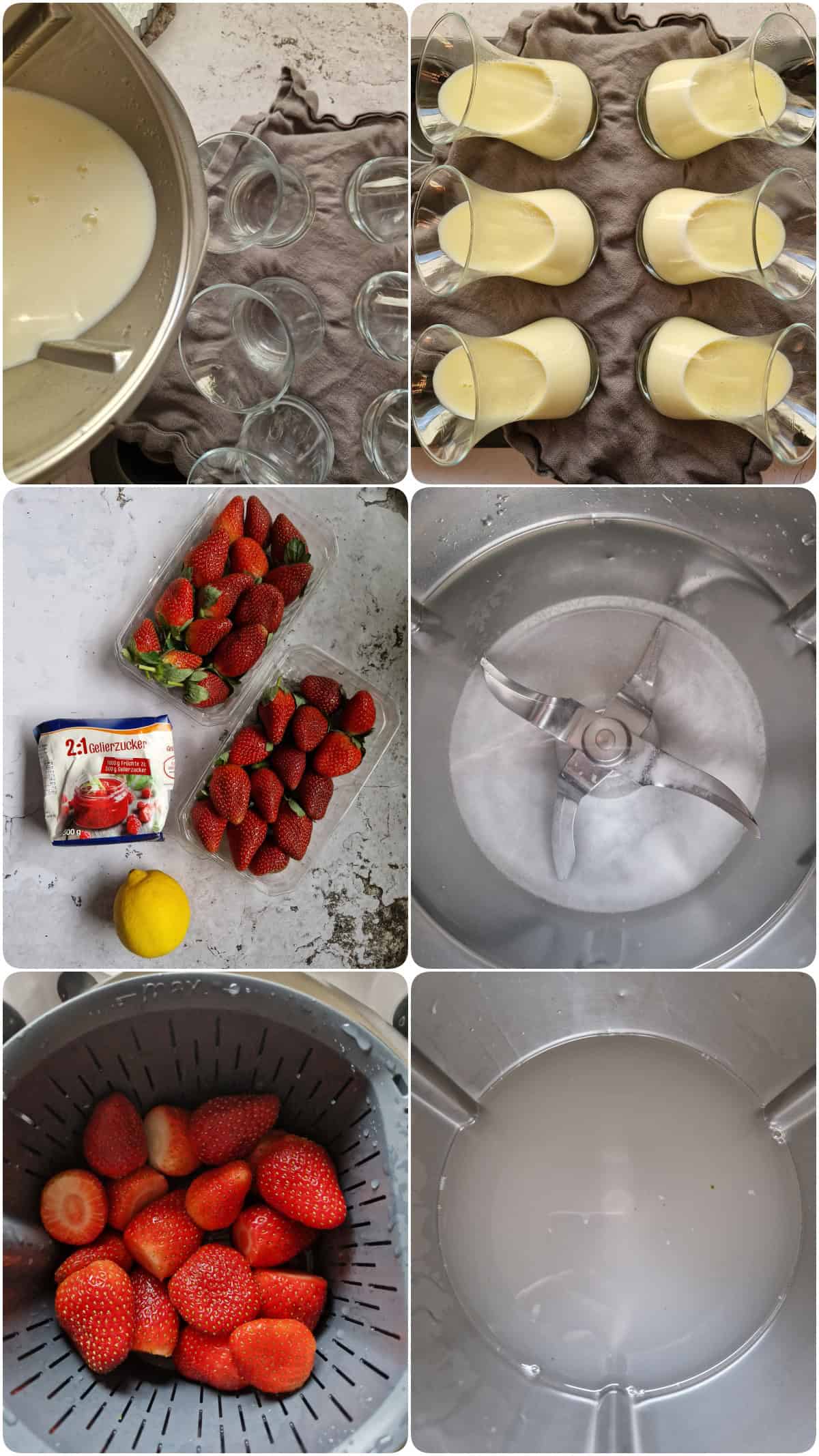 Eine Collage der Zubereitungsschritte für Panna cotta mit Erdbeersoße.