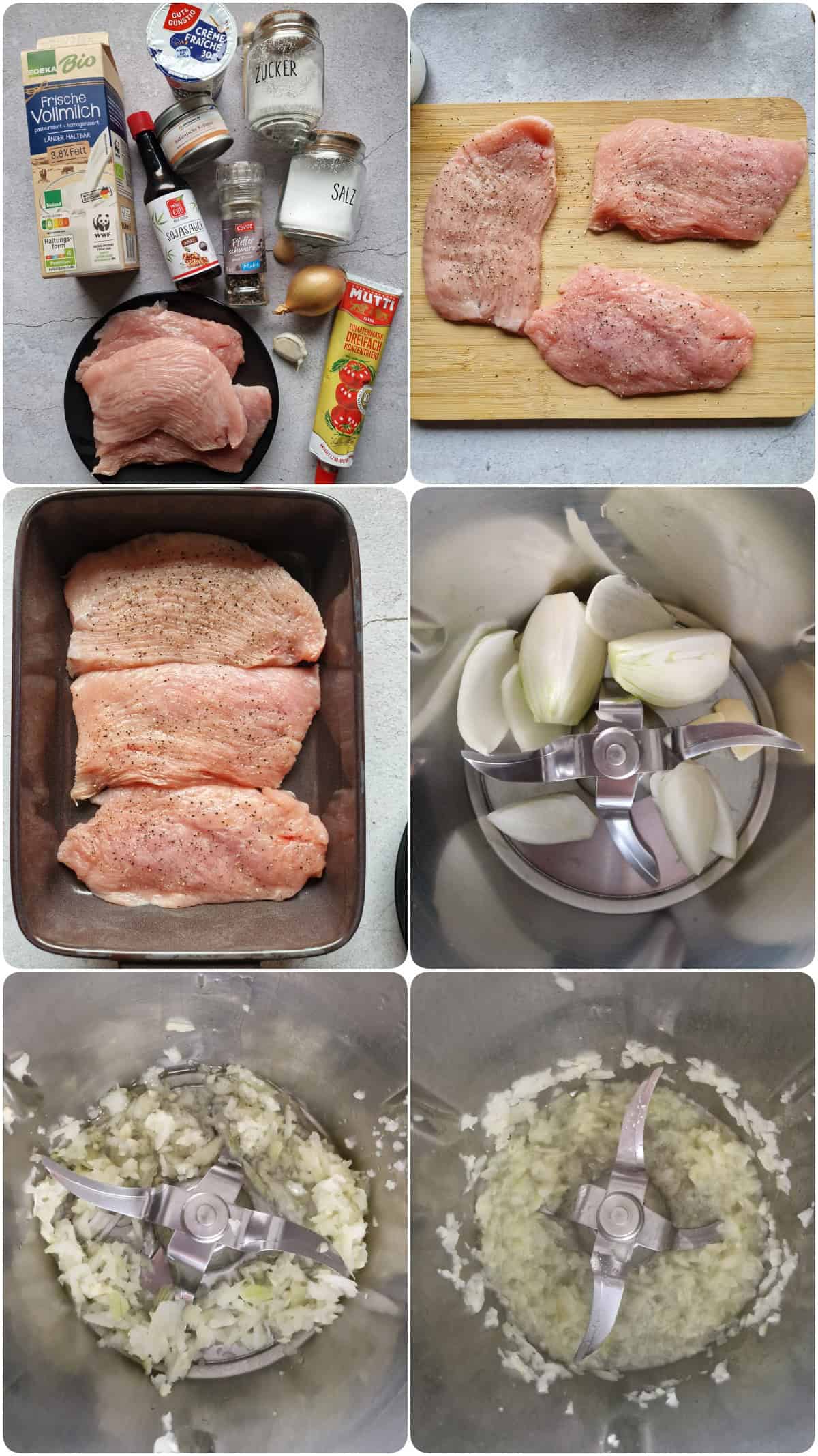 Eine Collage der Zubereitungsschritte für Putenschnitzel.