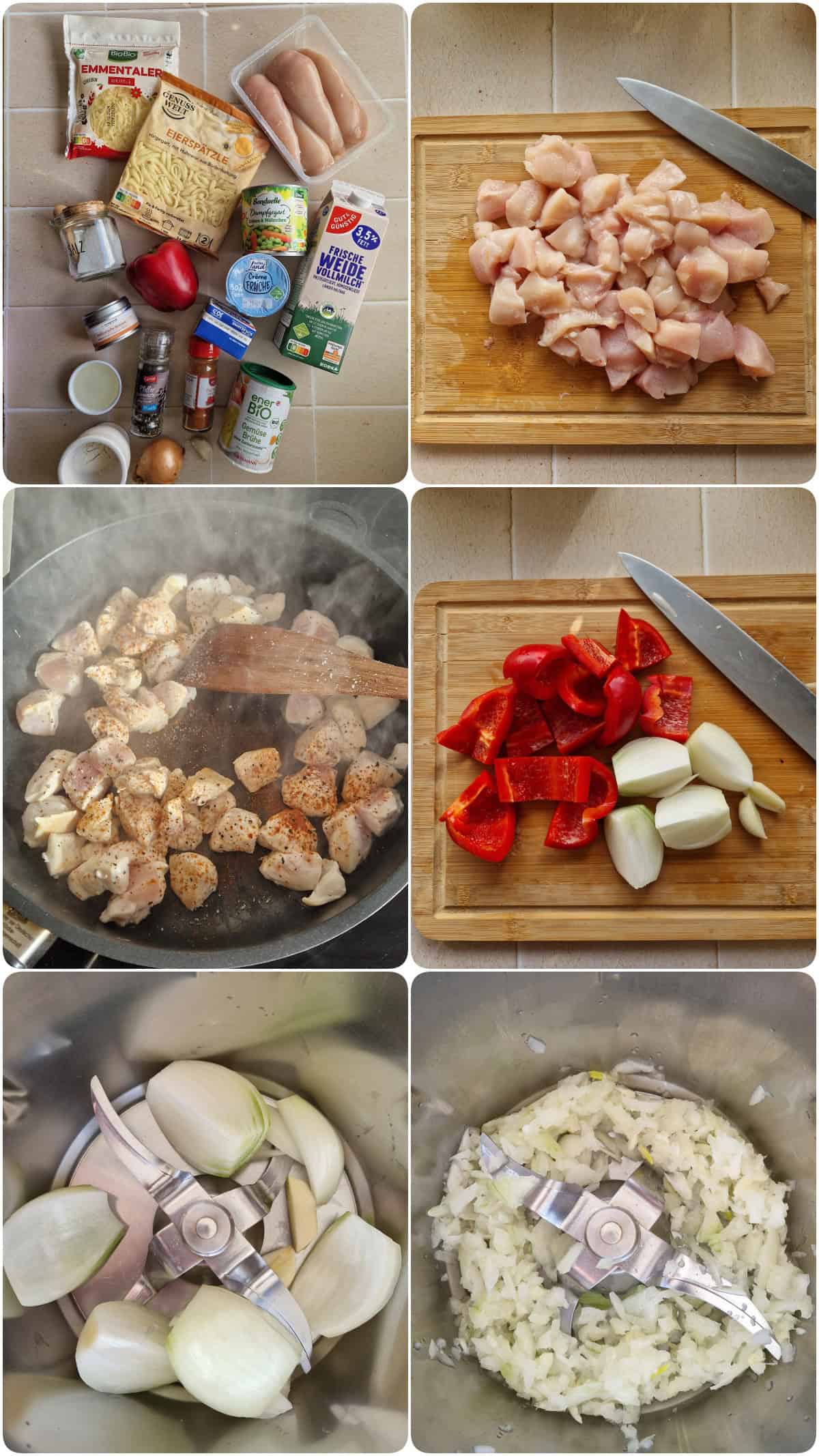 Eine Collage der Zubereitungsschritte für Spätzle-Auflauf.