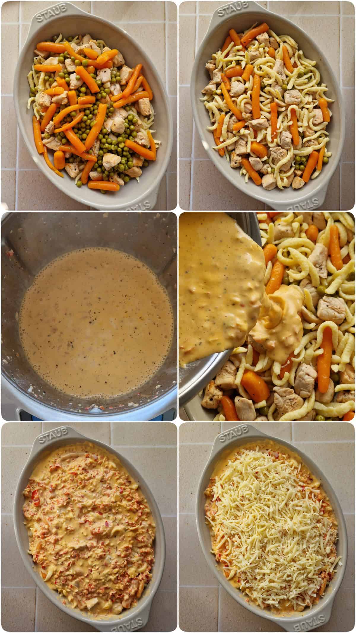 Eine Collage der Zubereitungsschritte für Spätzle-Auflauf.