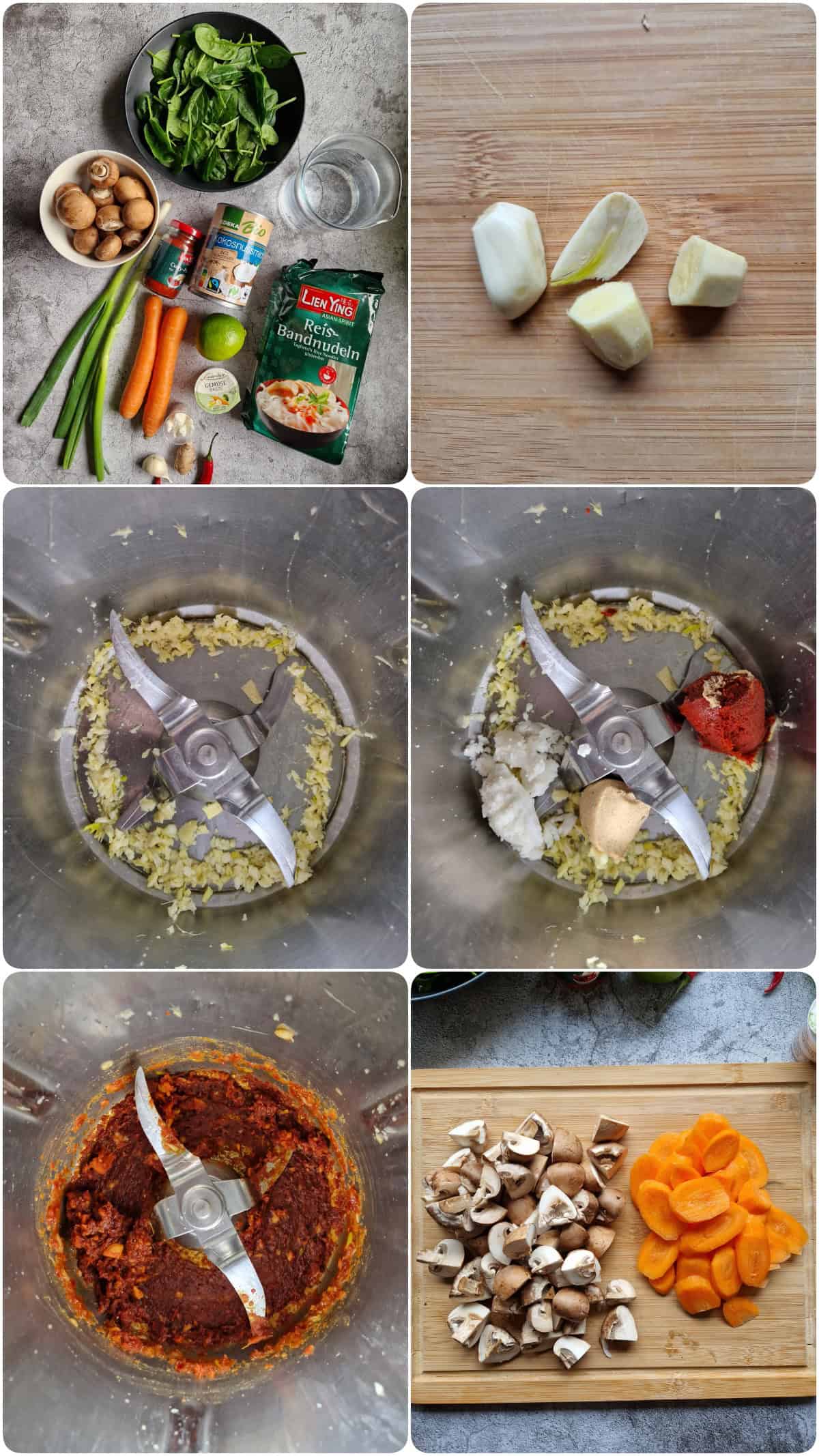 Eine Collage der Zubereitungsschritte für Thai-Kokos-Suppe.