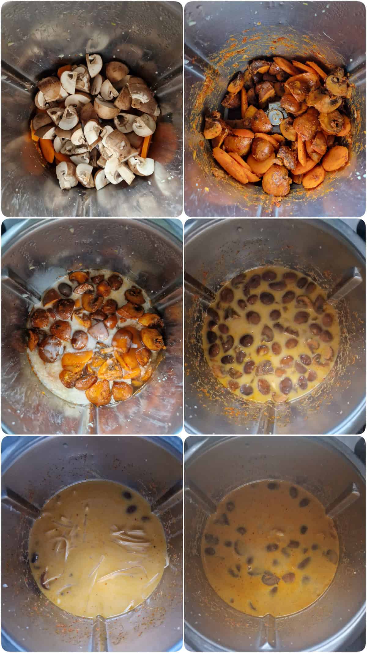 Eine Collage der Zubereitungsschritte für Thai-Kokos-Suppe.