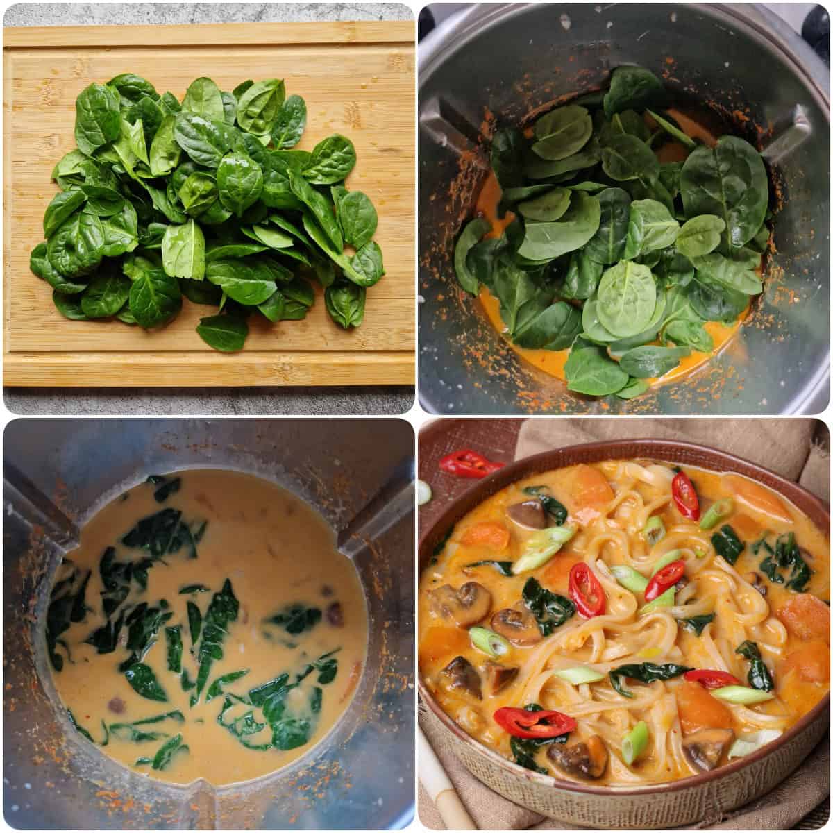 Eine Collage der Zubereitungsschritte für Thai-Kokos-Suppe.