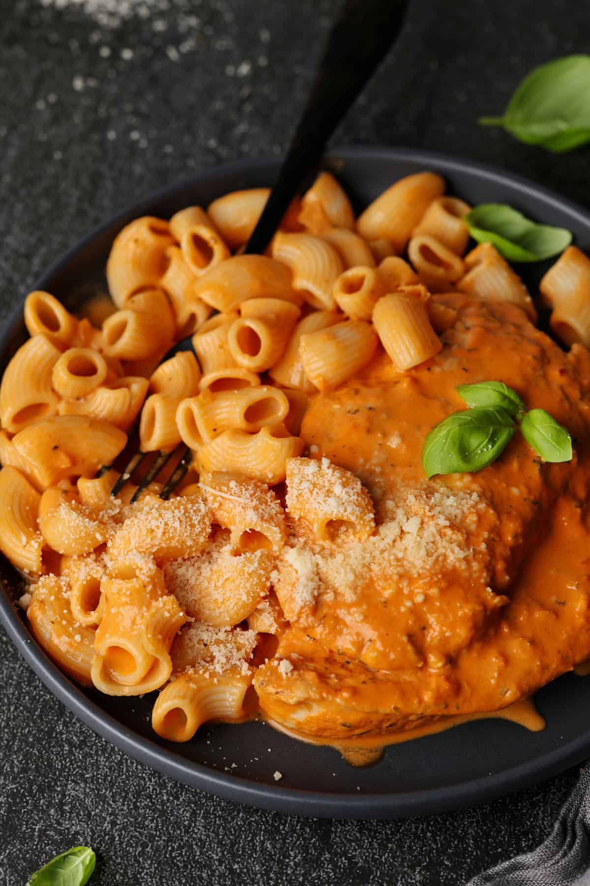 Eine Nahaufnahme von einem dunlen Teller mit Putenschnitzel in würziger Kräuter-Tomatensoße und Nudeln.