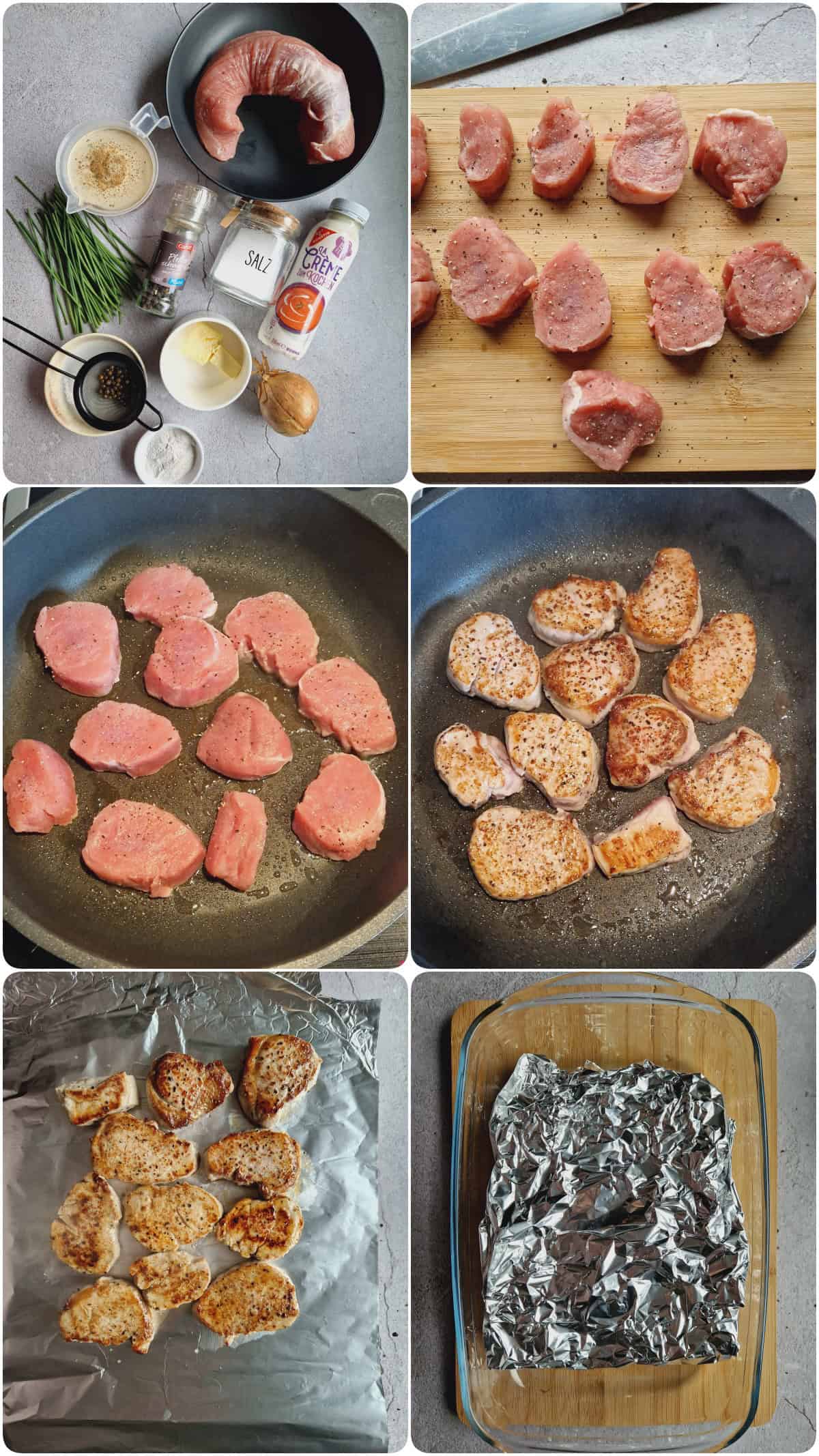 Eine Collage der Zubereitungsschritte für Schweinemedaillons mit Pfefferrahmsoße.