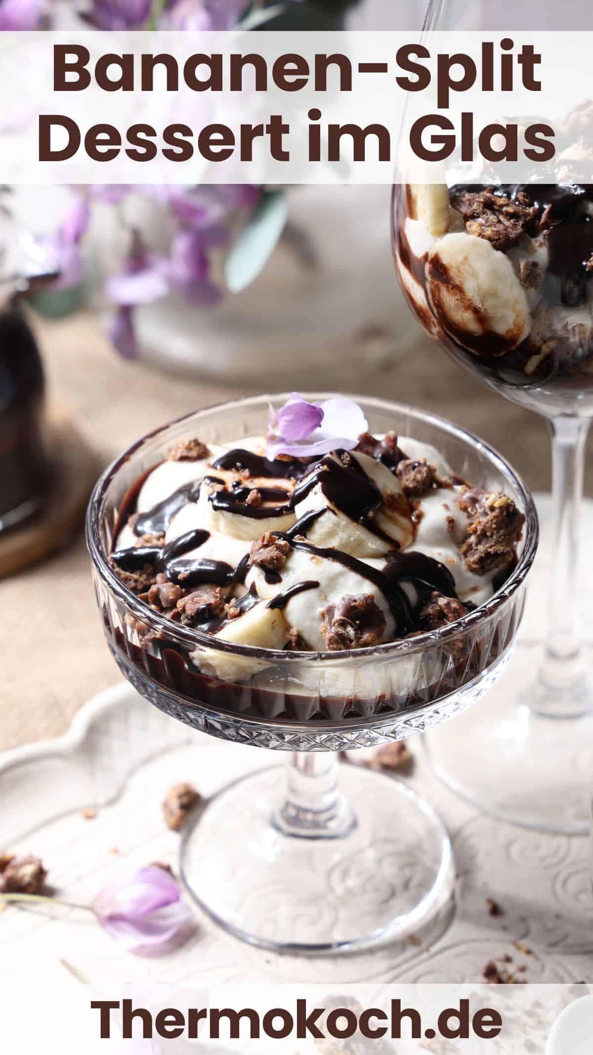 A glass filled with banana split dessert.