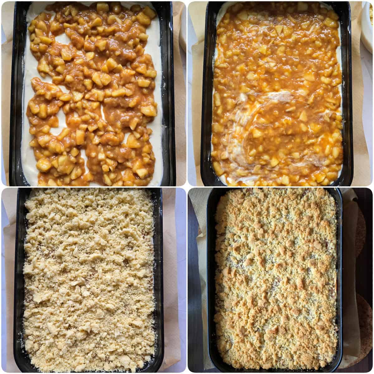 Eine Collage der Zubereitungsschritte für Apfel-Käsekuchen mit Streuseln.