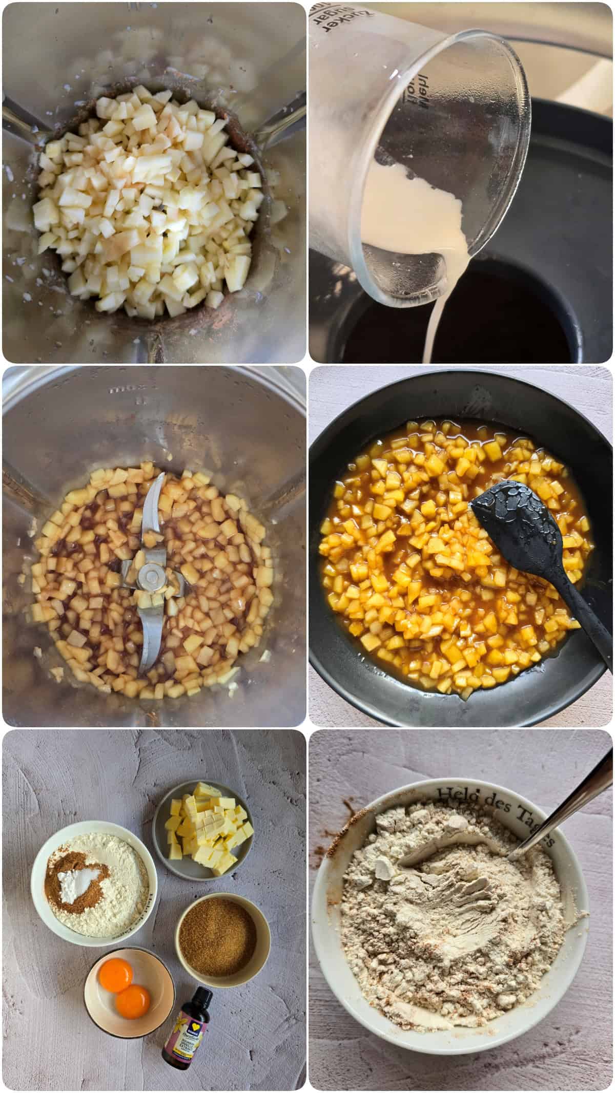 Collage showing preparation steps for apple cinnamon cookies, featuring apple filling in the Thermomix and dough ingredients.