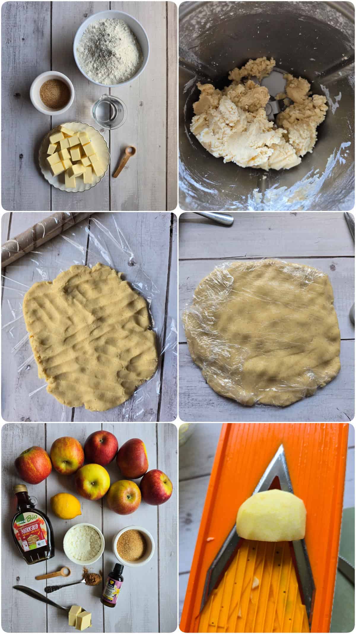 A collage showing the step-by-step preparation for making apple pie.