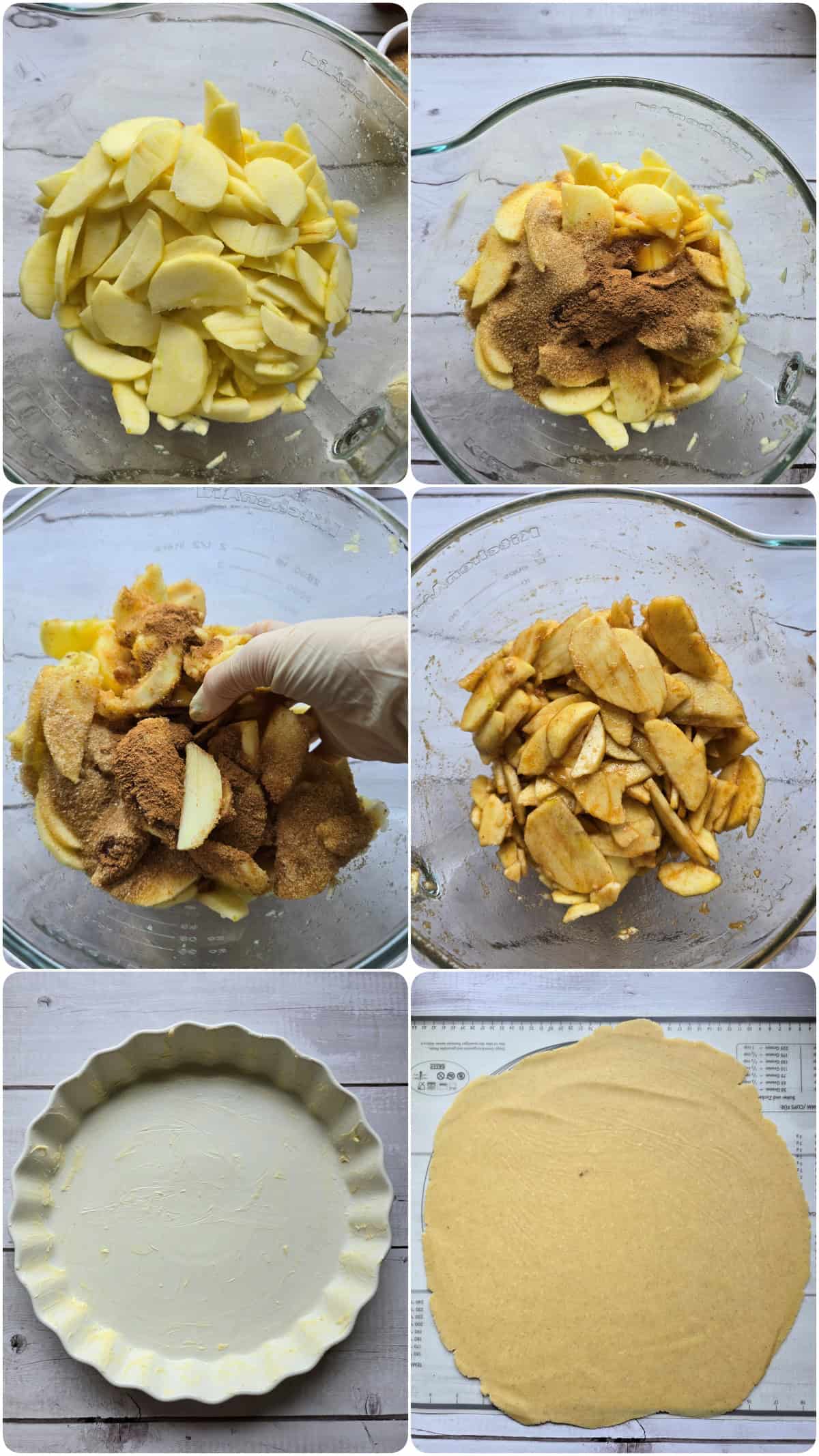 A collage showing the step-by-step preparation for making apple pie.