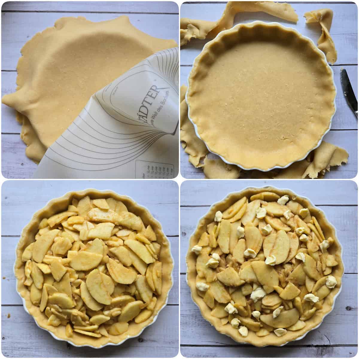 A collage showing the step-by-step preparation for making apple pie.