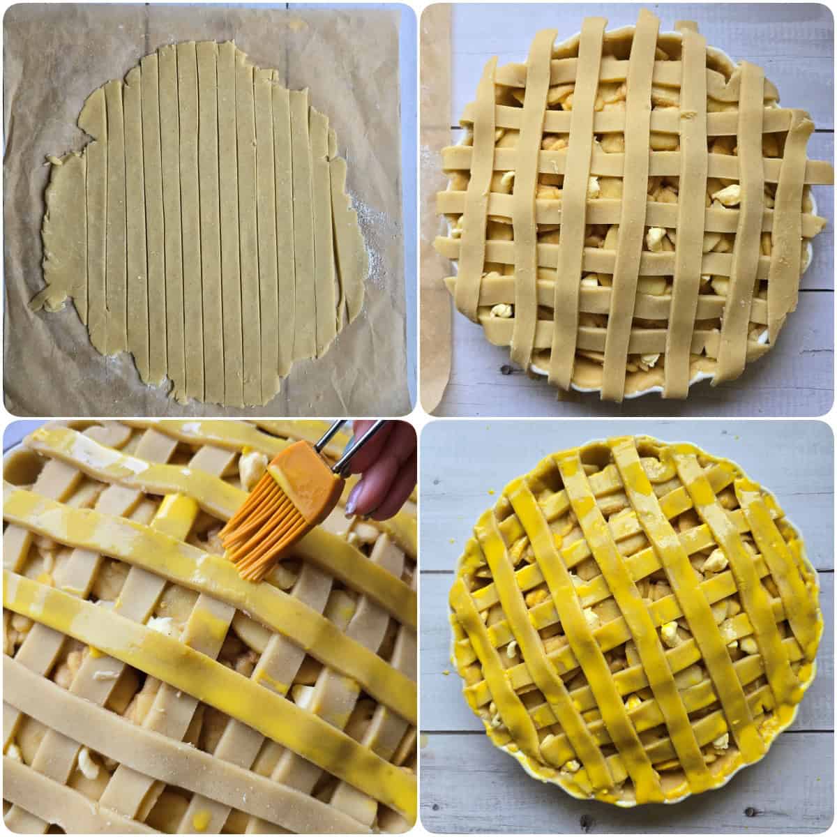 A collage showing the step-by-step preparation for making apple pie.