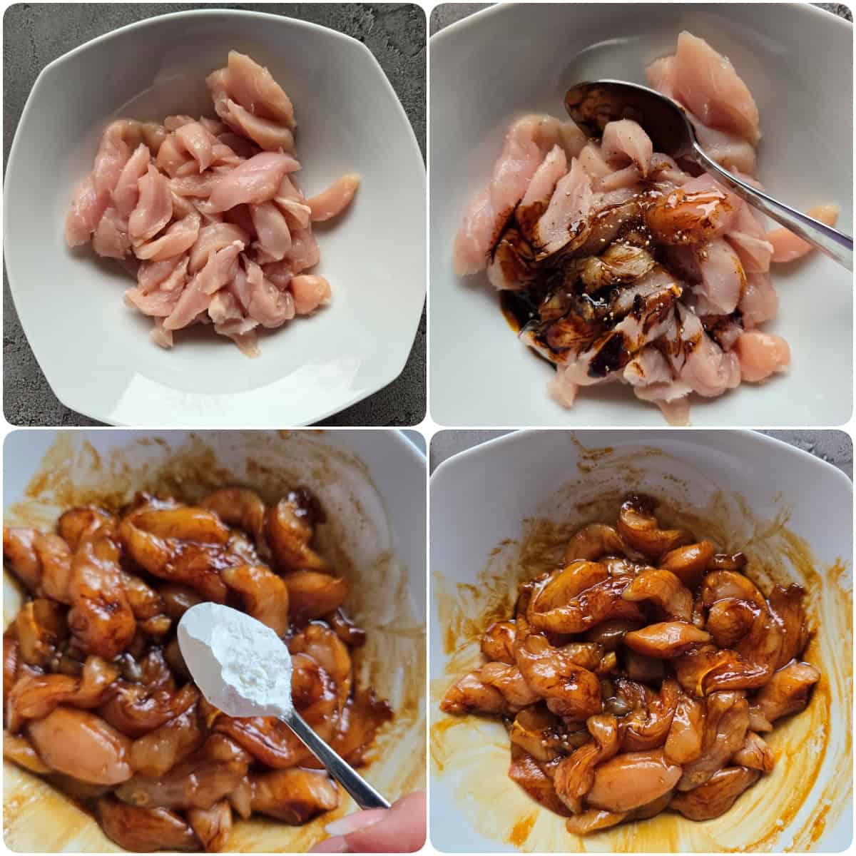A collage showing step-by-step prep for Asian chicken and vegetables.