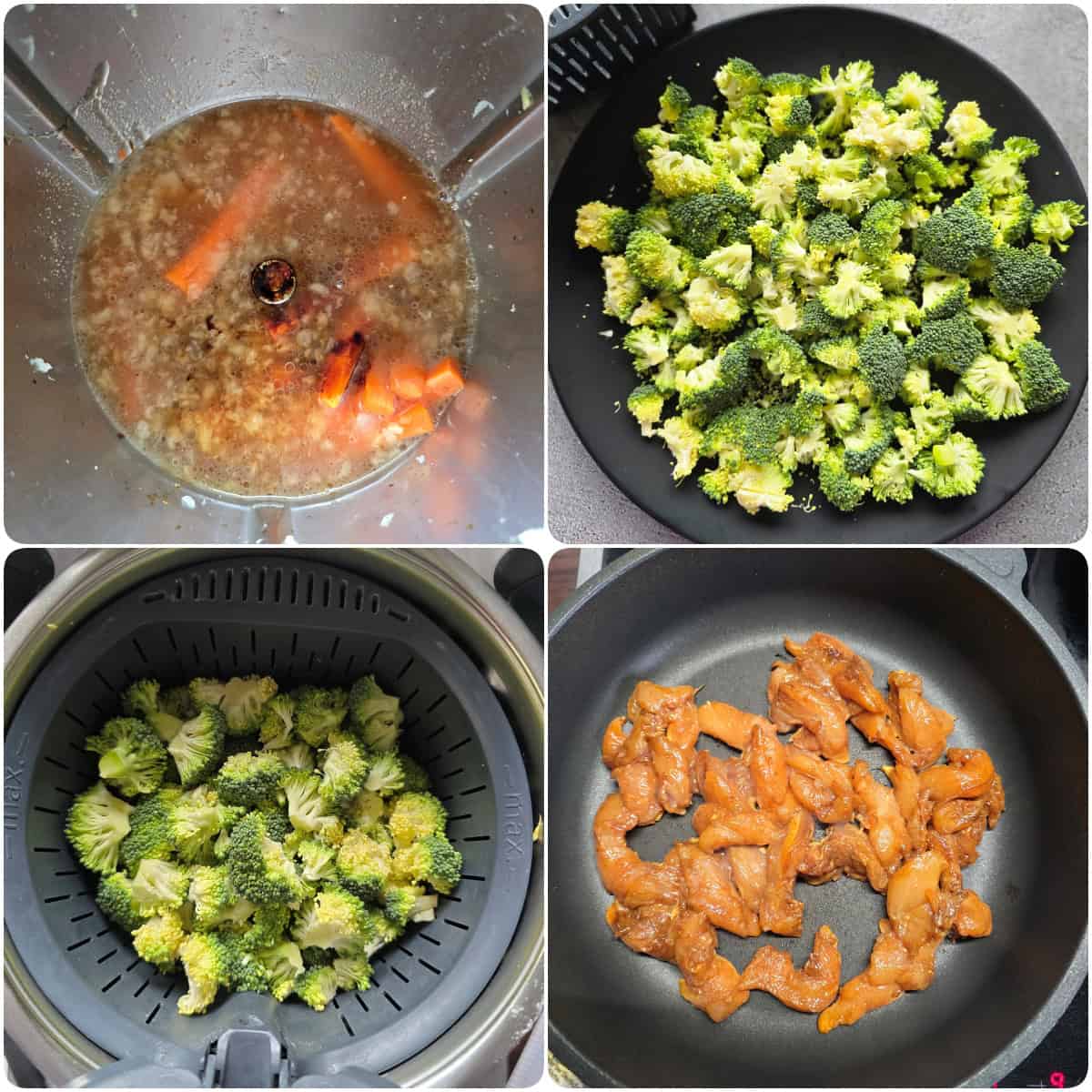 A collage showing step-by-step prep for Asian chicken and vegetables.