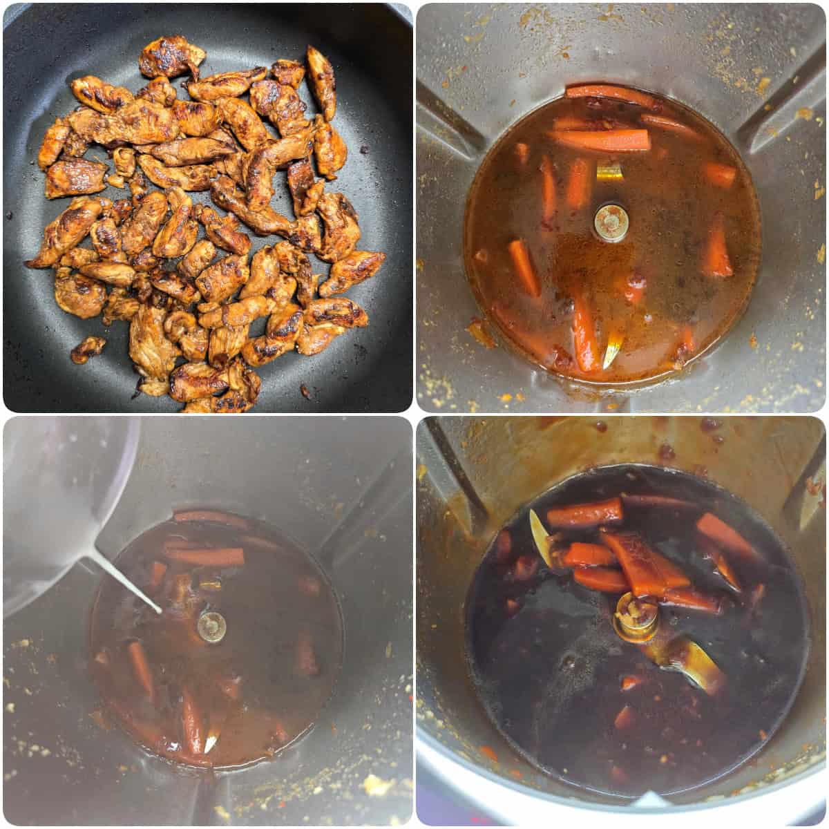 A collage showing step-by-step prep for Asian chicken and vegetables.