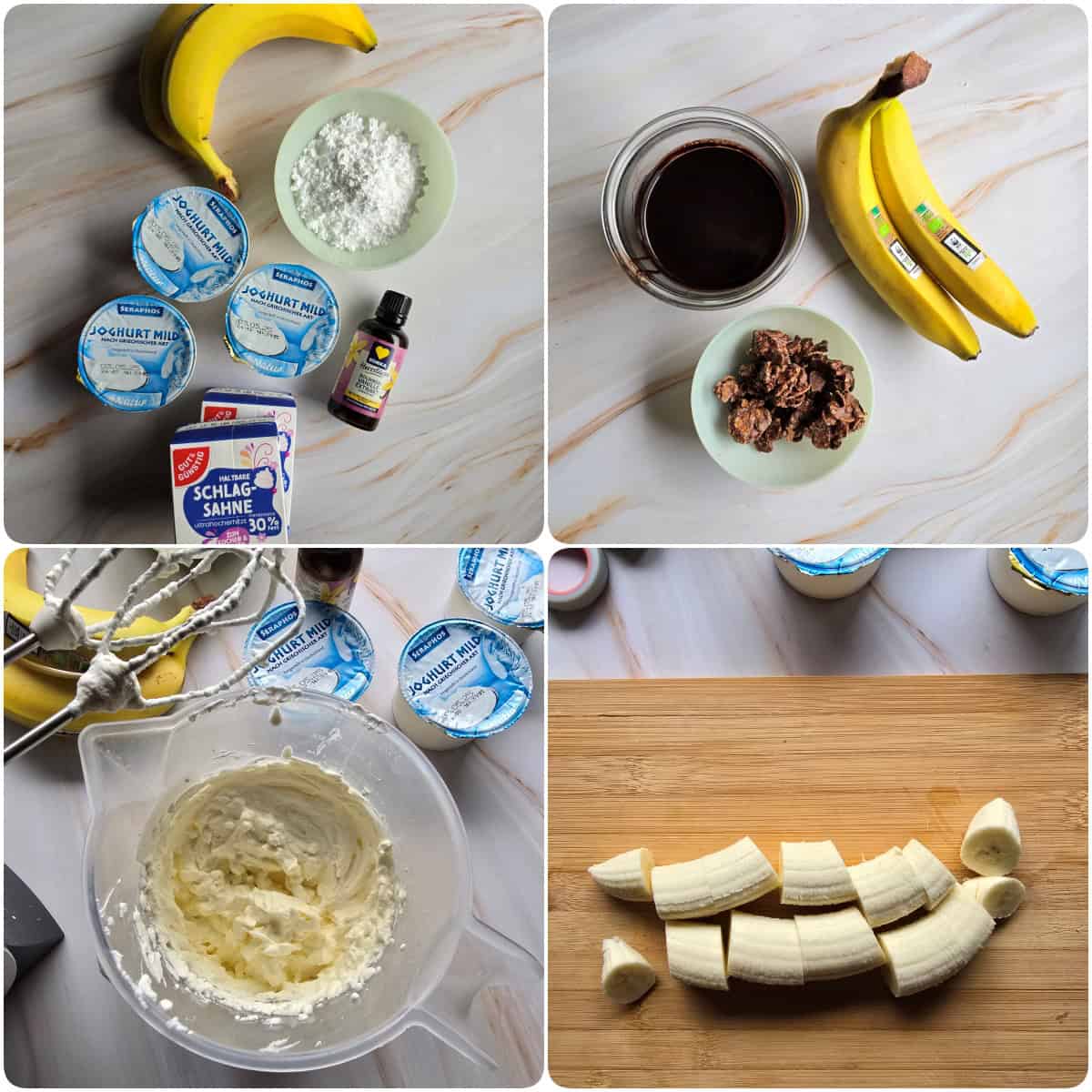 A collage of step-by-step instructions for making banana split dessert in a glass.