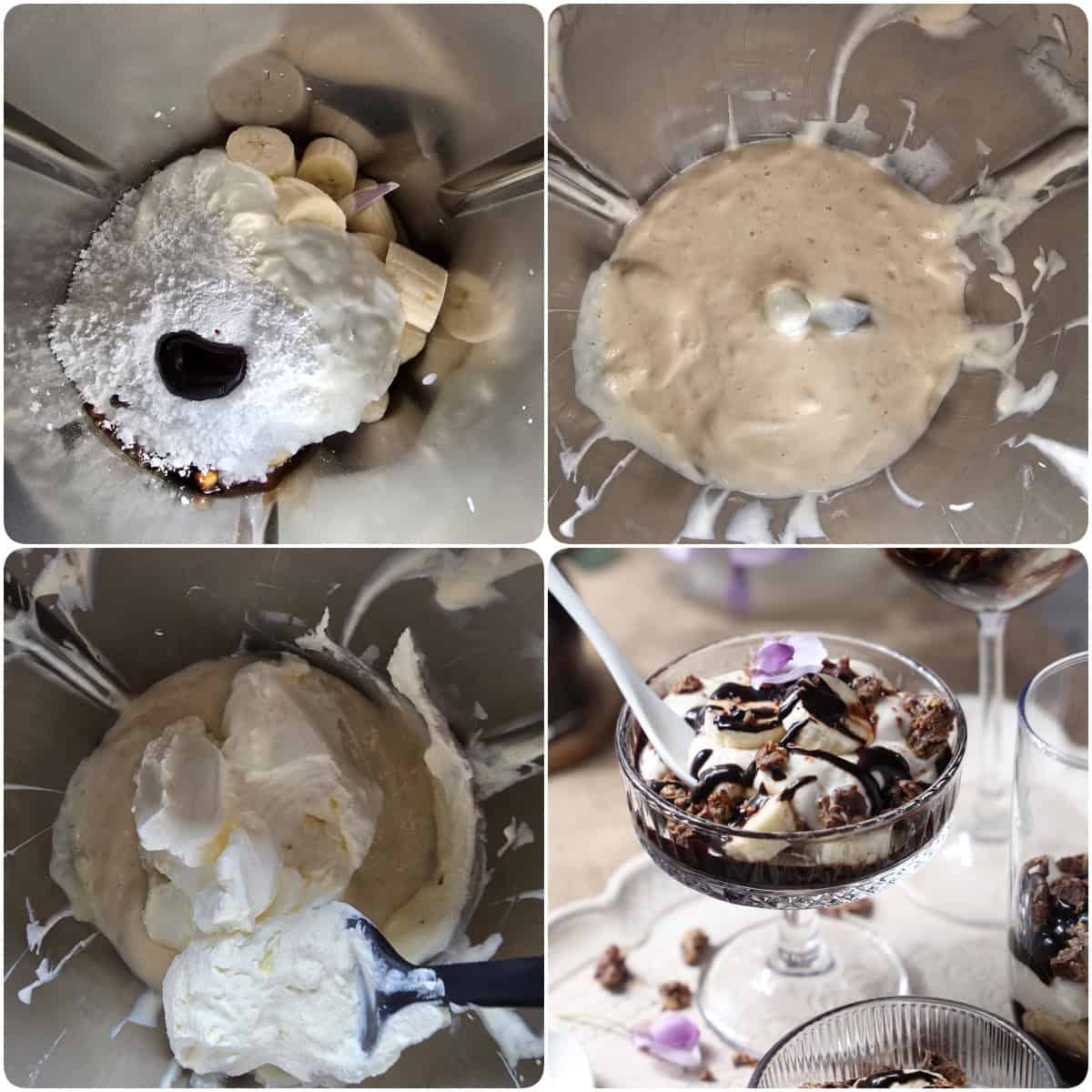 A collage of step-by-step instructions for making banana split dessert in a glass.
