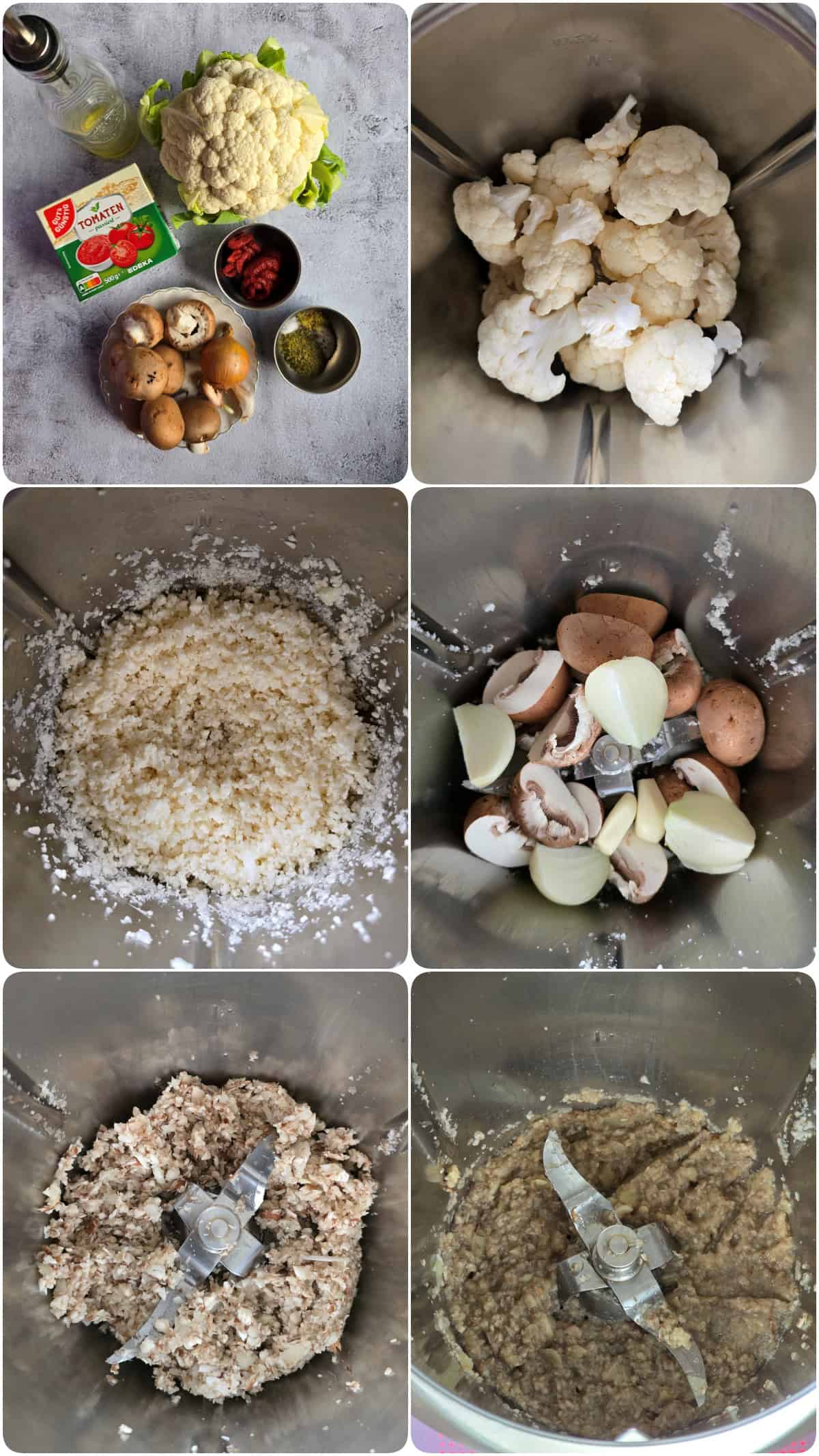 Step-by-step preparation photos for cauliflower mushroom Bolognese with spaghetti.