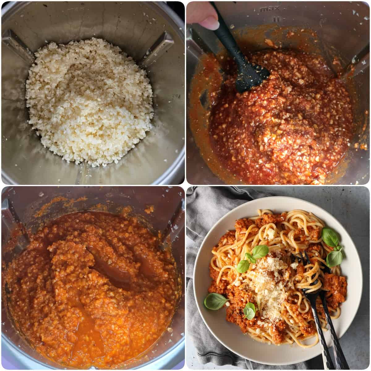Step-by-step preparation photos for cauliflower mushroom Bolognese with spaghetti.