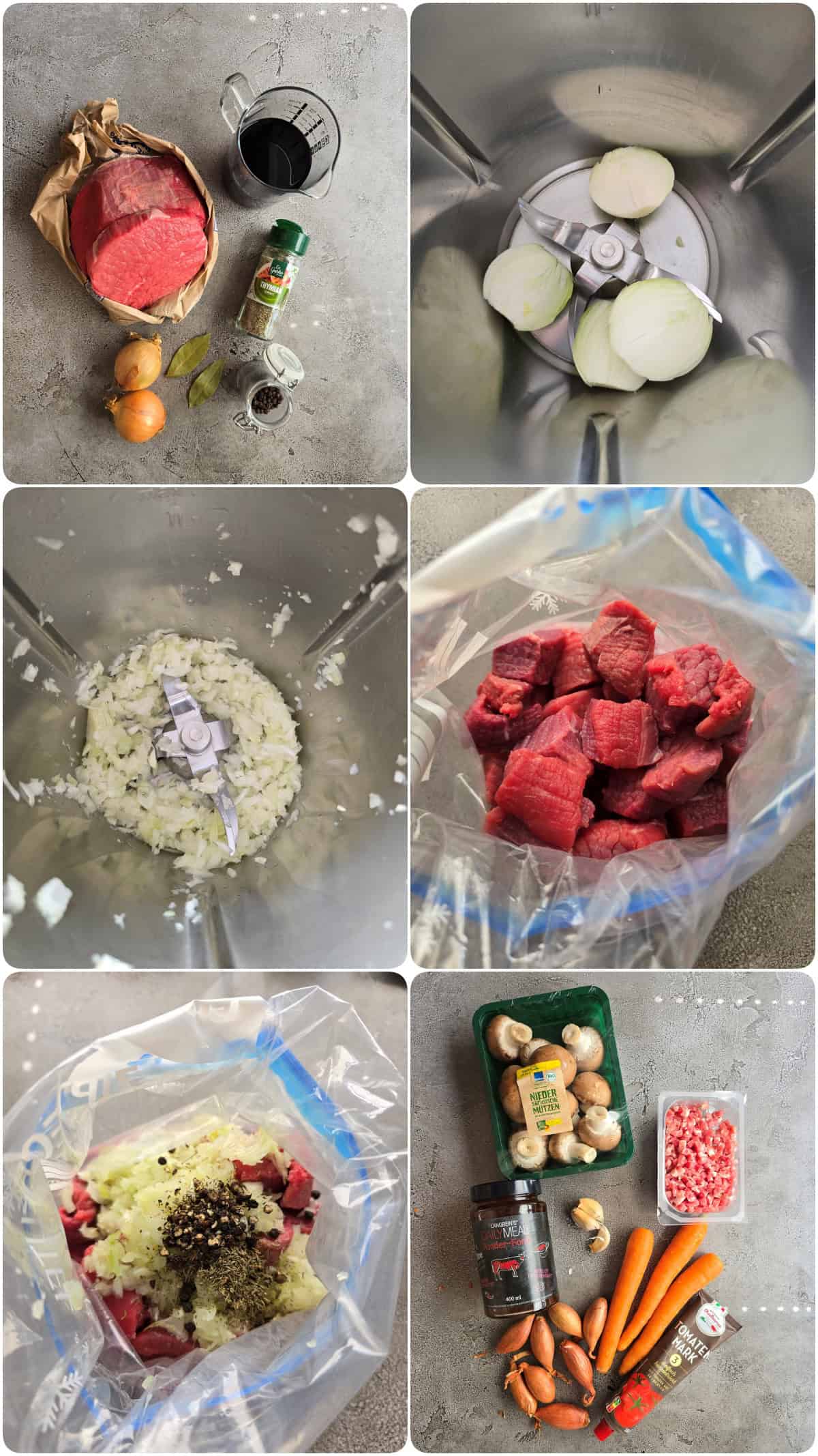 A step-by-step collage showing how to prepare Boeuf Bourguignon.