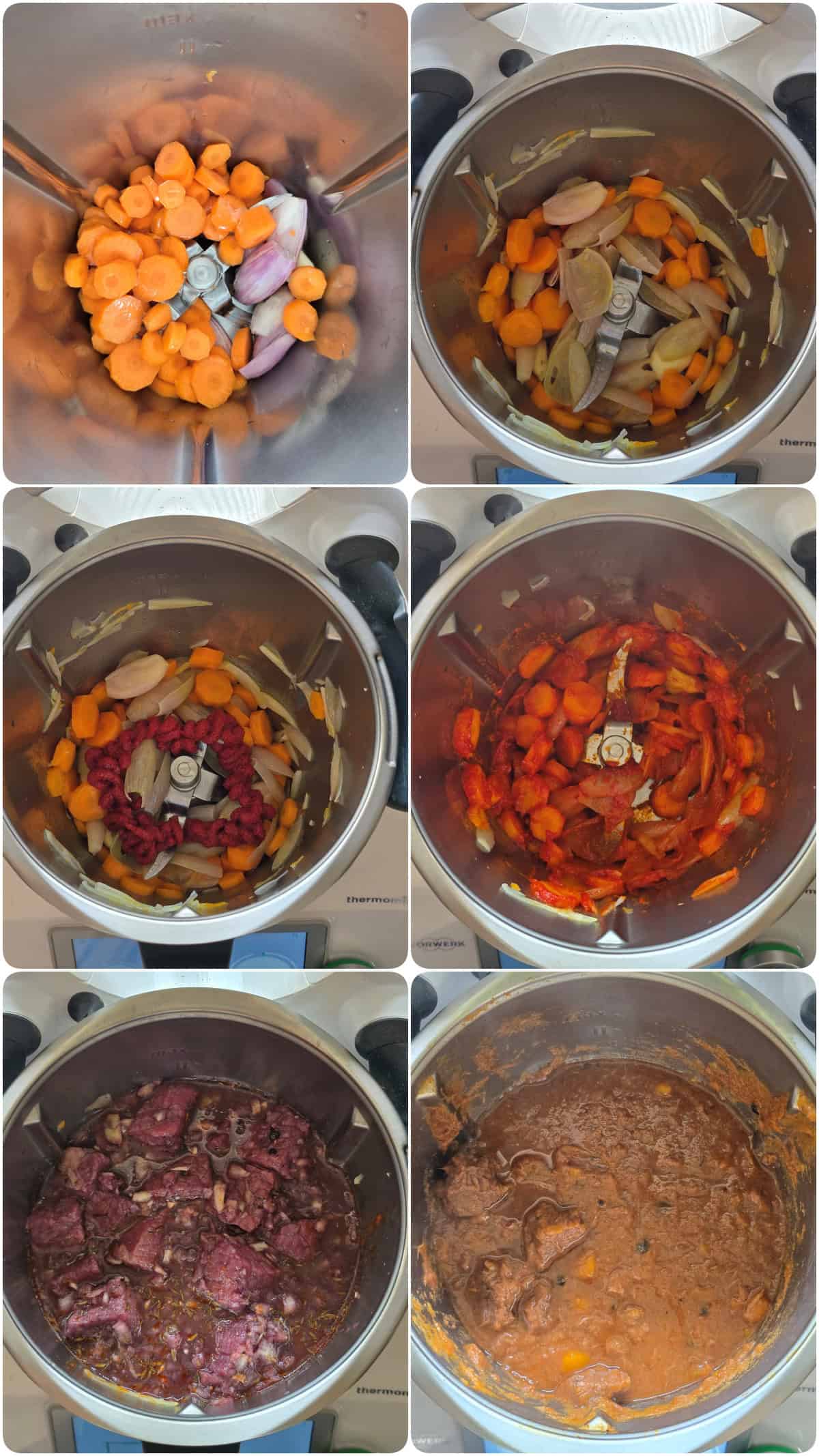 A collage showing the step-by-step preparation for Boeuf Bourguignon.