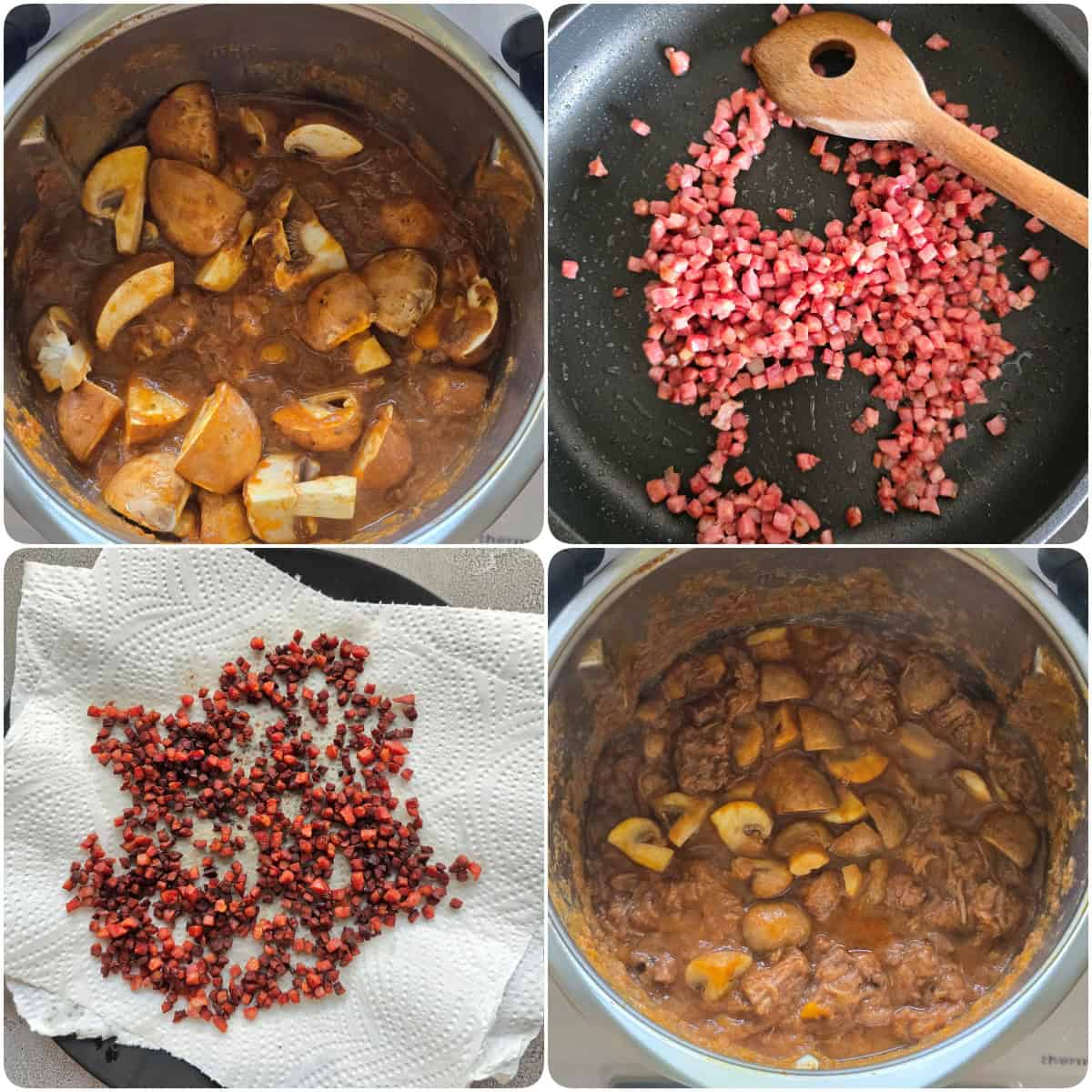 A collage showing the step-by-step preparation for Boeuf Bourguignon.