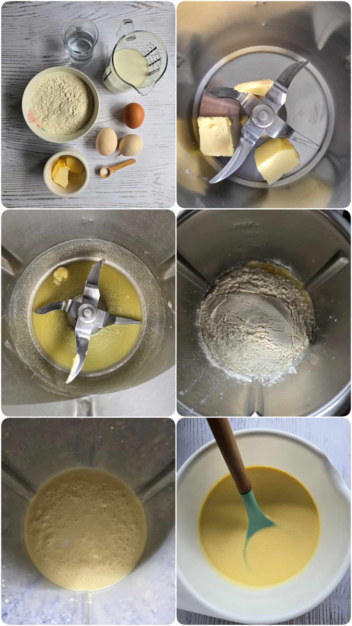 A collage showing the step-by-step preparation for salmon crêpe roll-ups with dill cream cheese.