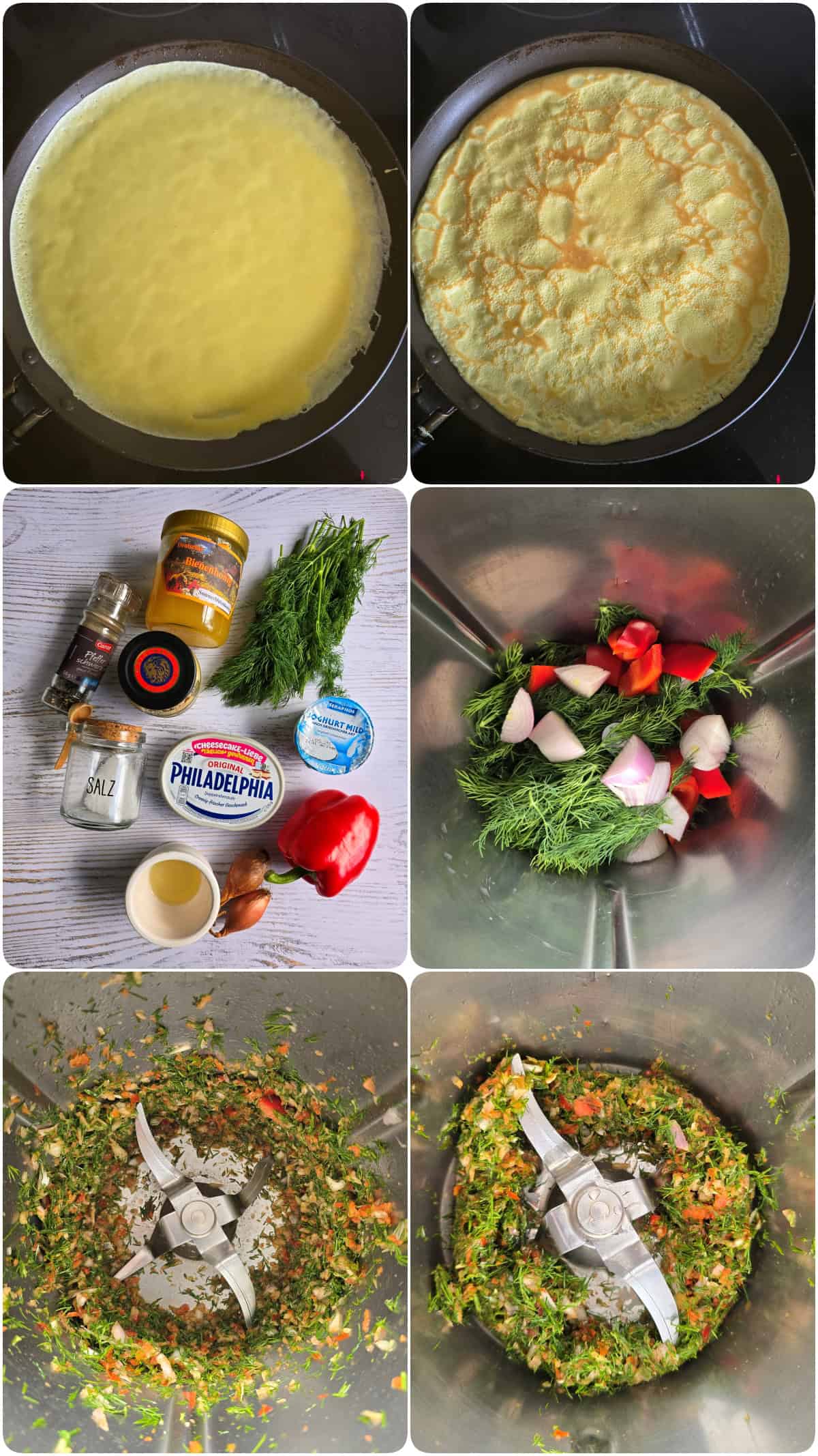 A collage showing the step-by-step preparation for salmon crêpe roll-ups with dill cream cheese.