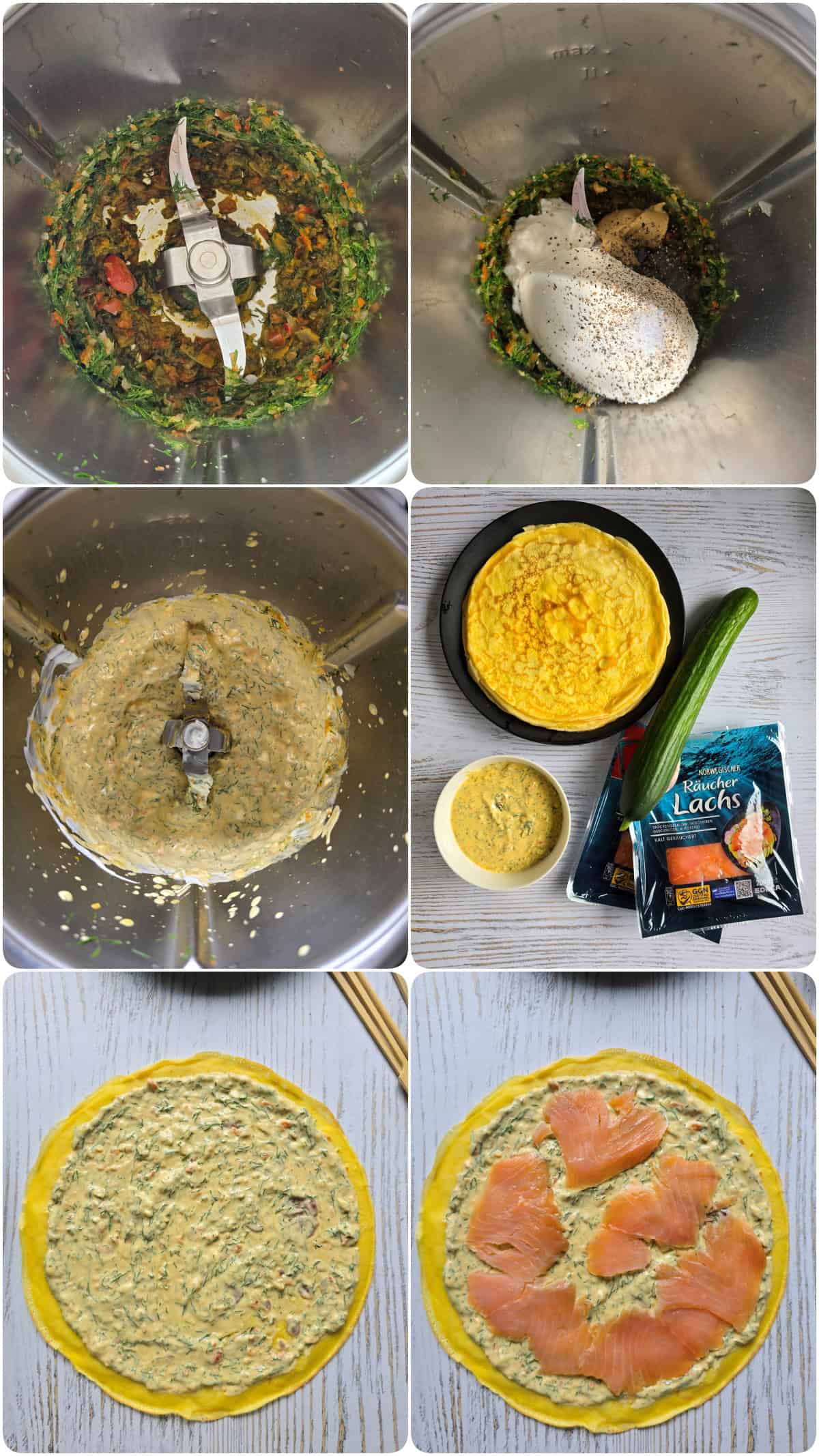 A collage showing the step-by-step preparation for salmon crêpe roll-ups with dill cream cheese.