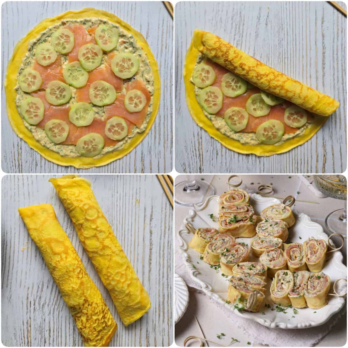 A collage showing the step-by-step preparation for salmon crêpe roll-ups with dill cream cheese.