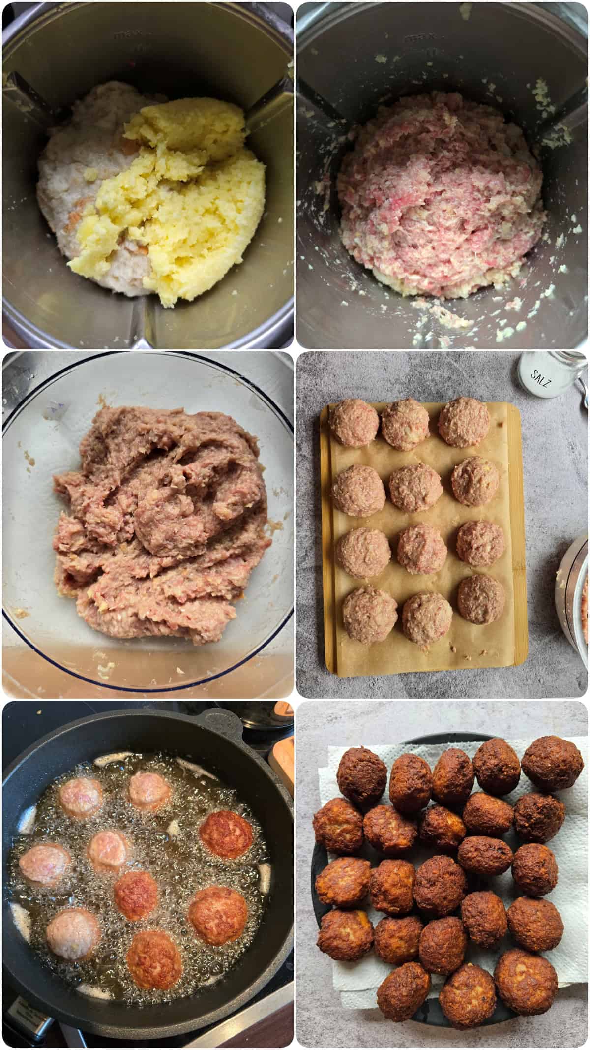 A collage showing the steps involved in making meatballs.