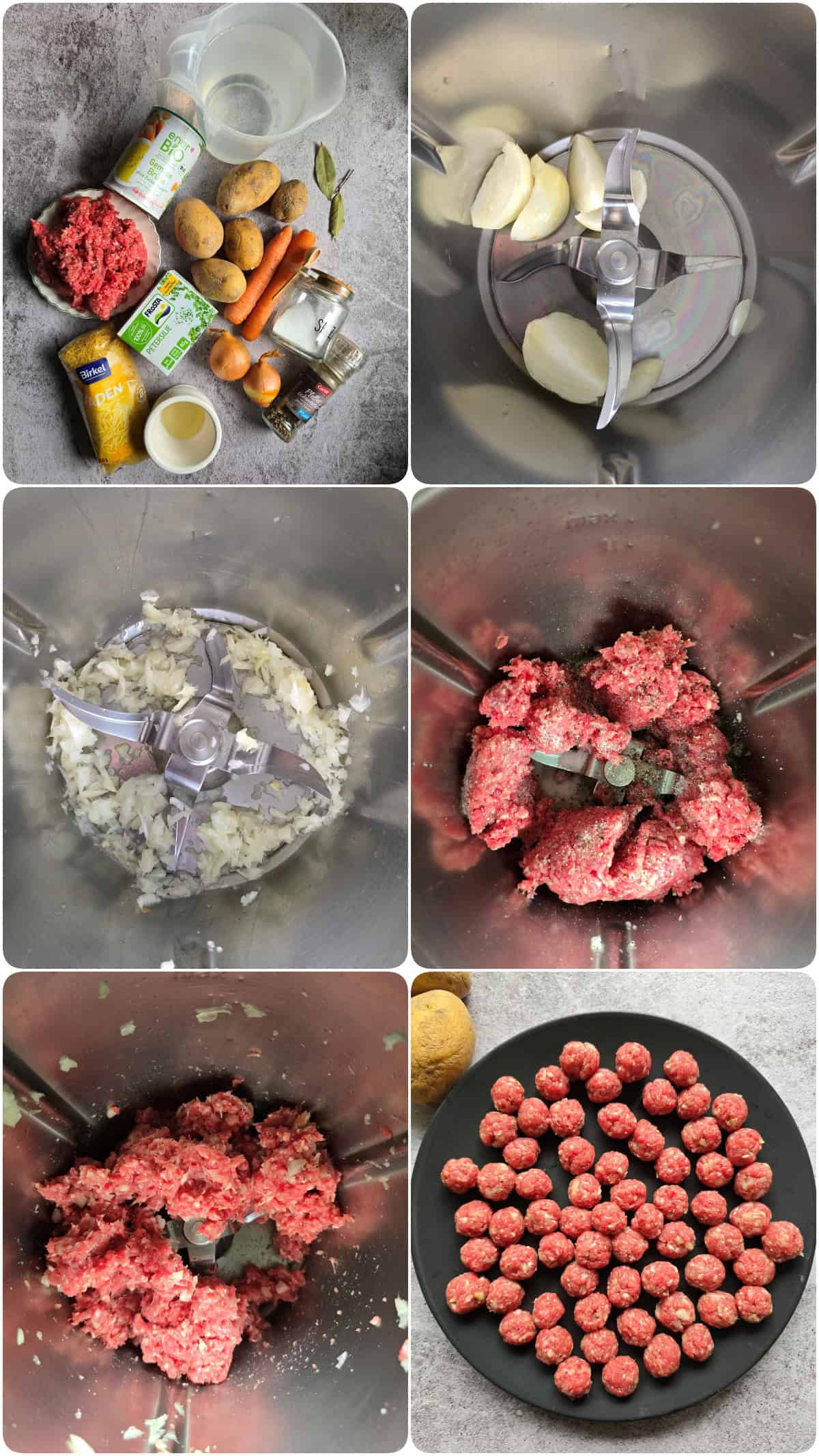 A collage showing step-by-step photos for making Meatball Soup.