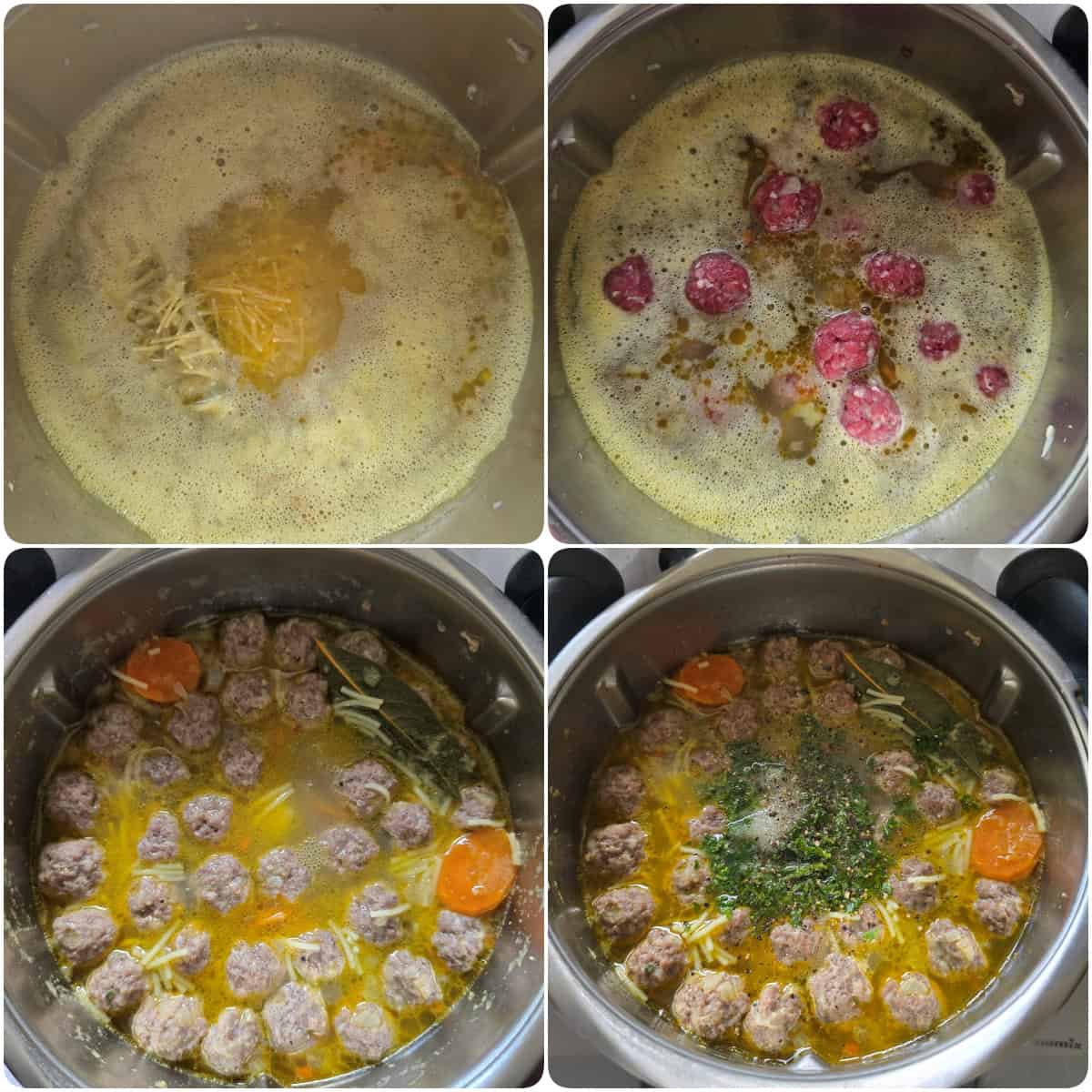 A collage showing step-by-step photos for making Meatball Soup.