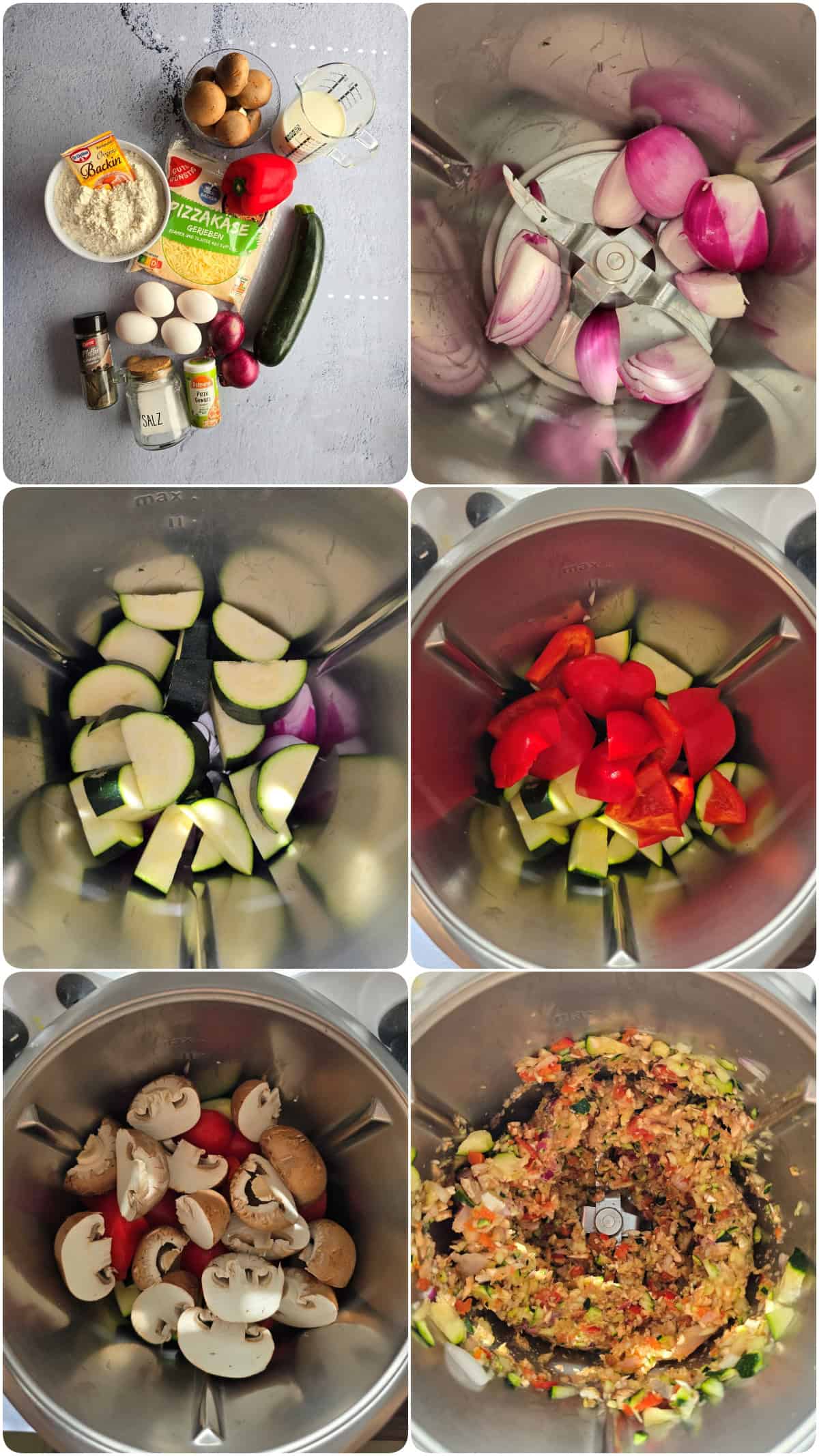 A step-by-step process collage for making veggie quiche.