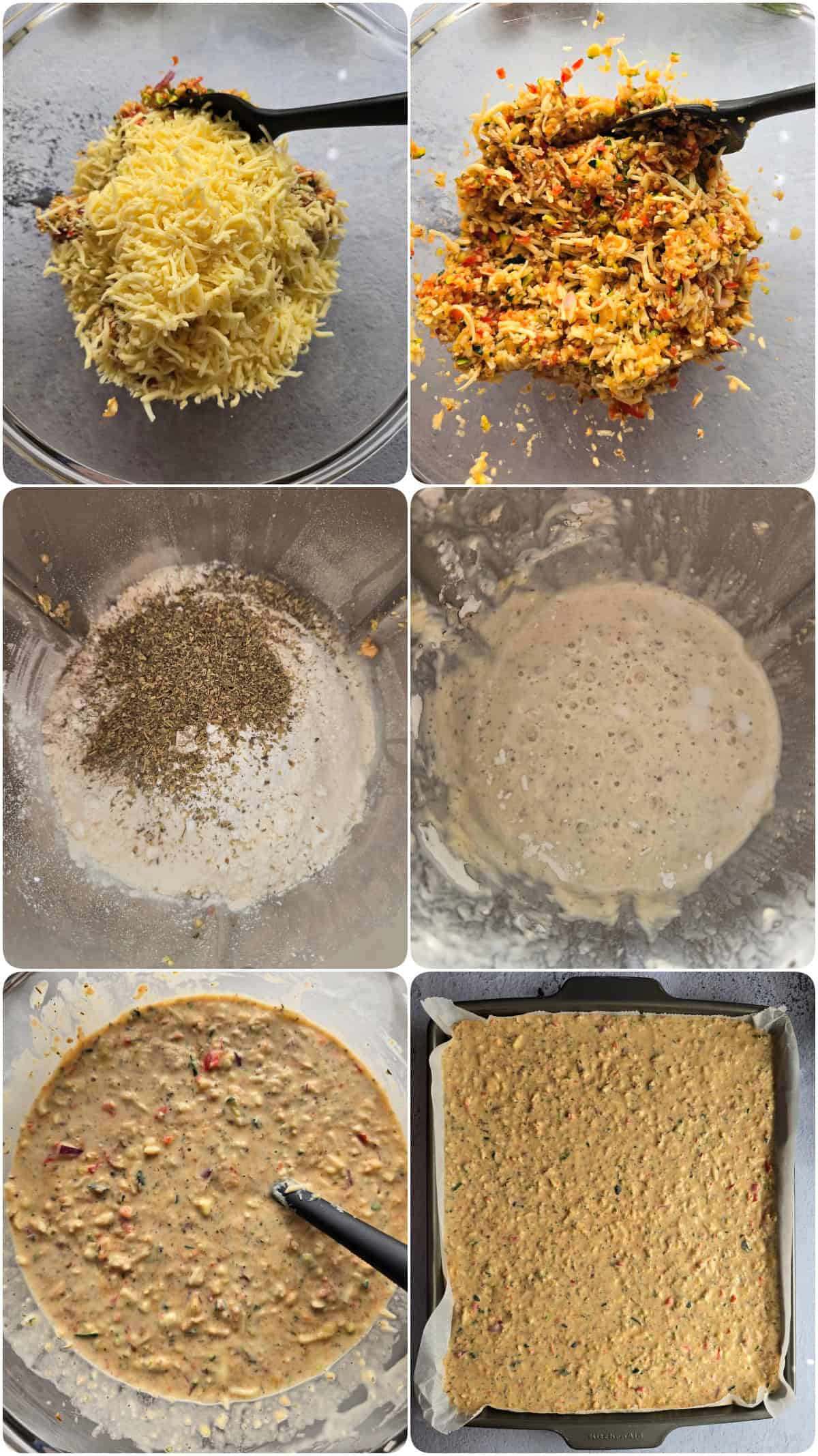A step-by-step process collage for making veggie quiche.