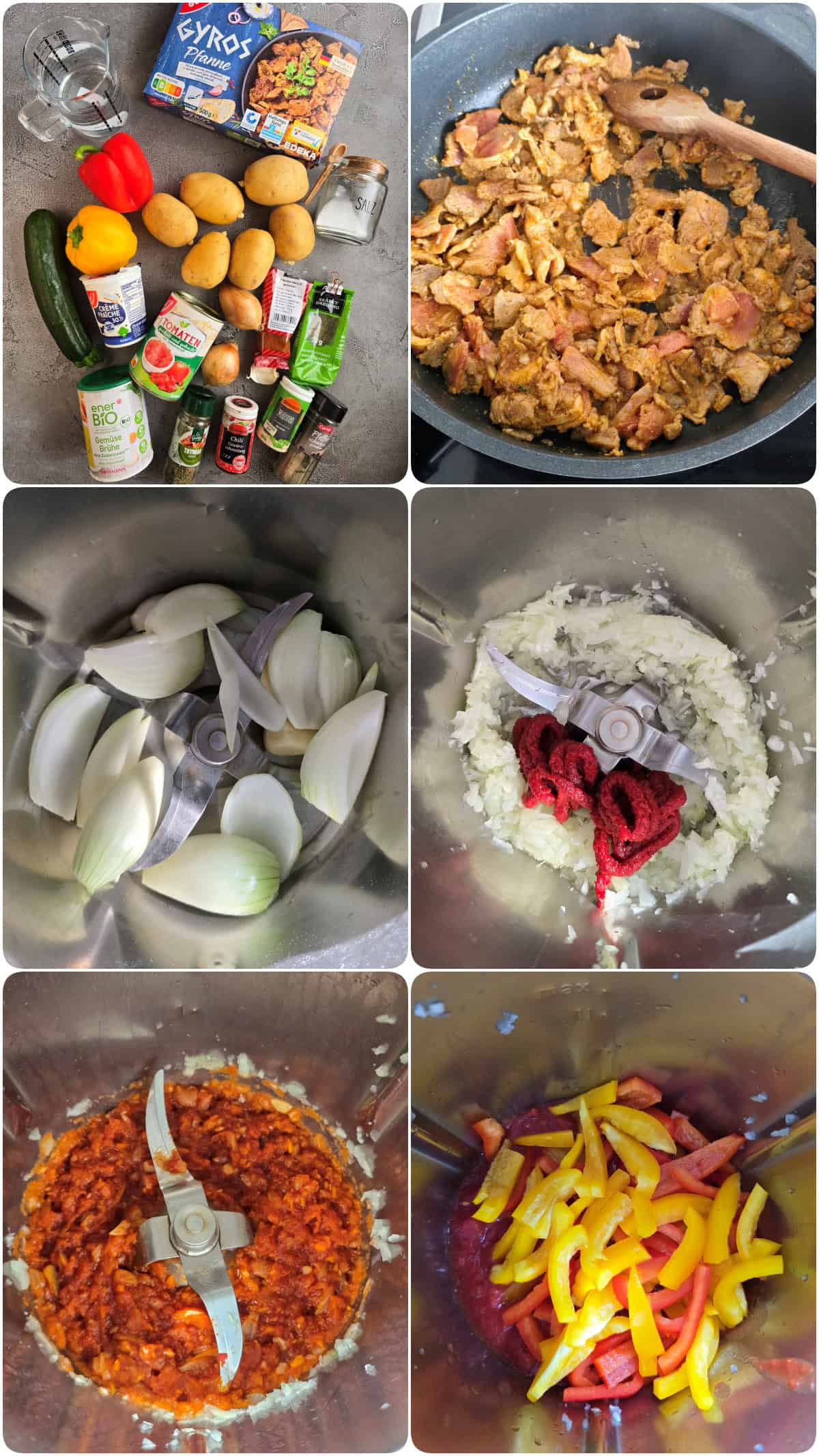 A collage showing the step-by-step prep for the gyros stew.