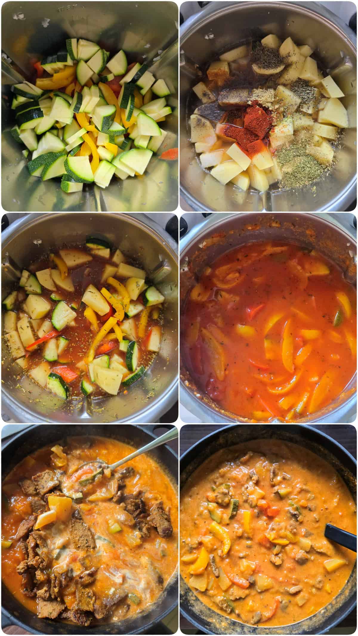 A collage showing the step-by-step prep for the gyros stew.