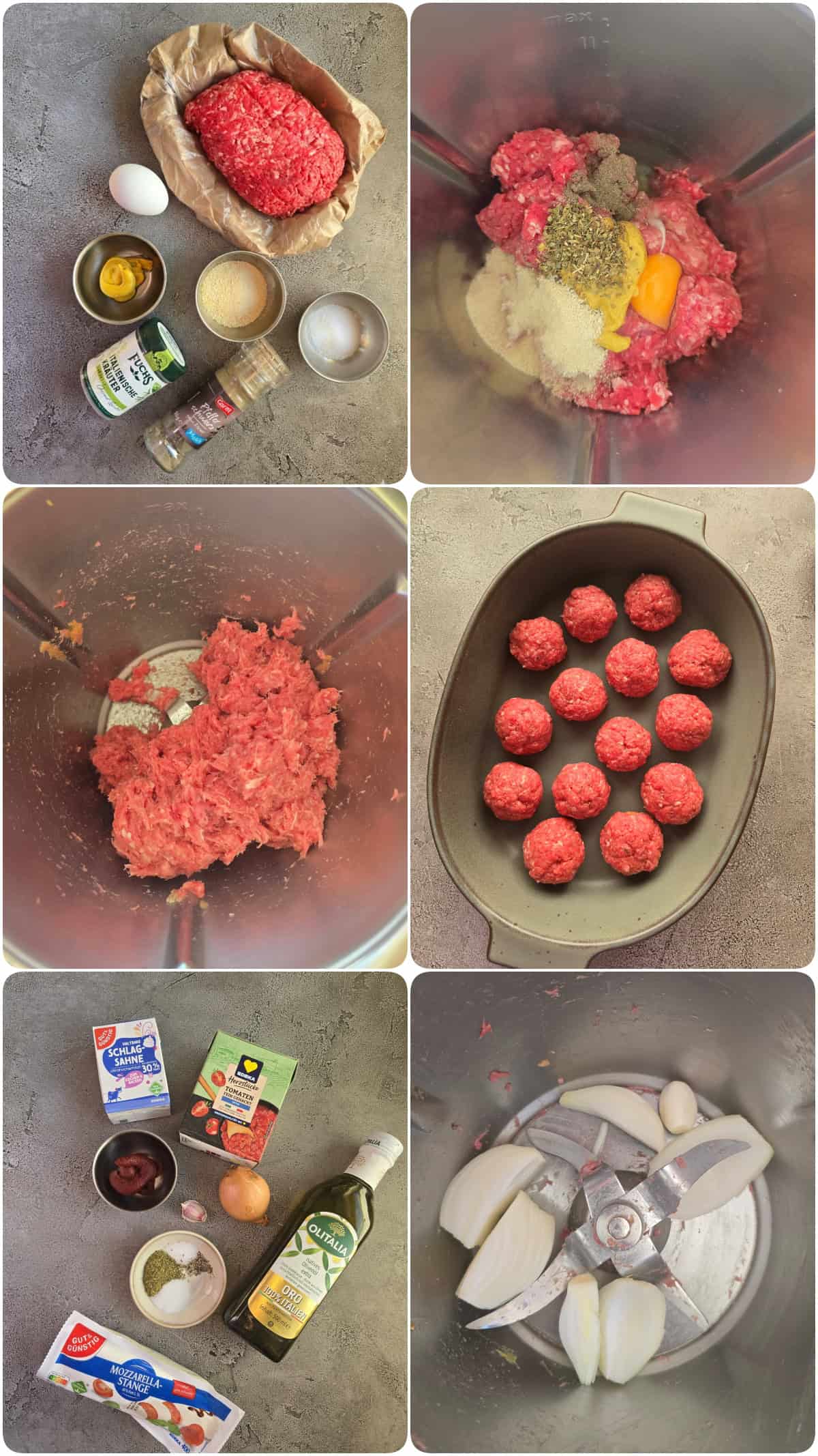 Step-by-step collage showing how to make Tuscan meatballs.