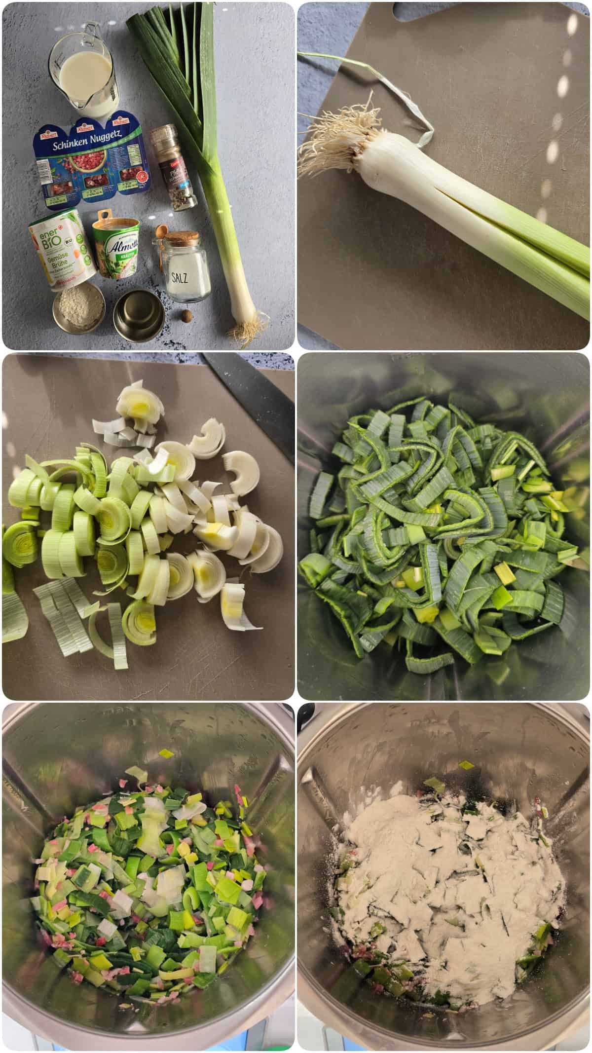 A collage showing the preparation steps for cheesy leek pasta.